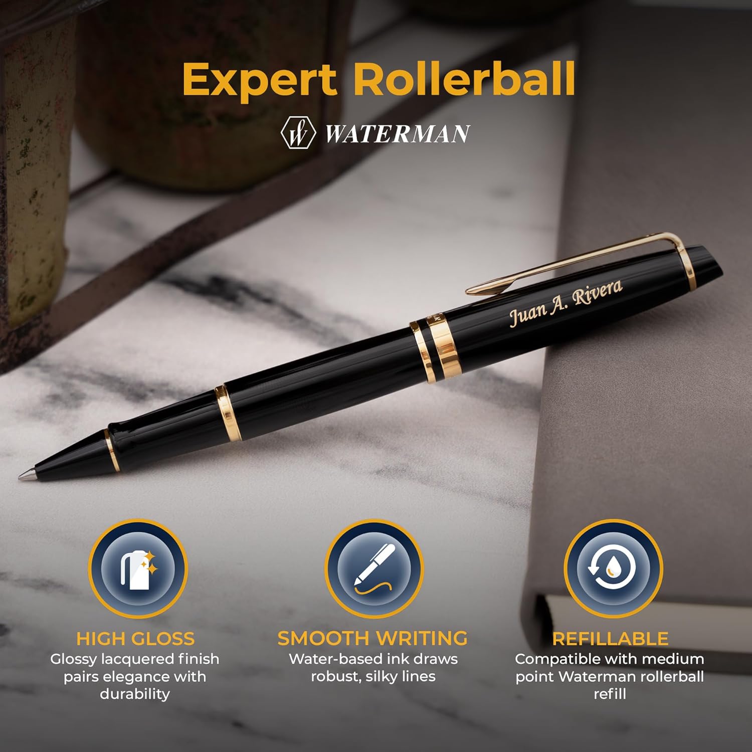 Waterman Expert Rollerball Pen, Black Lacquer with 23K Gold Trim, Custom Engraved — Retirement, Board Recognition, or Executive Gift