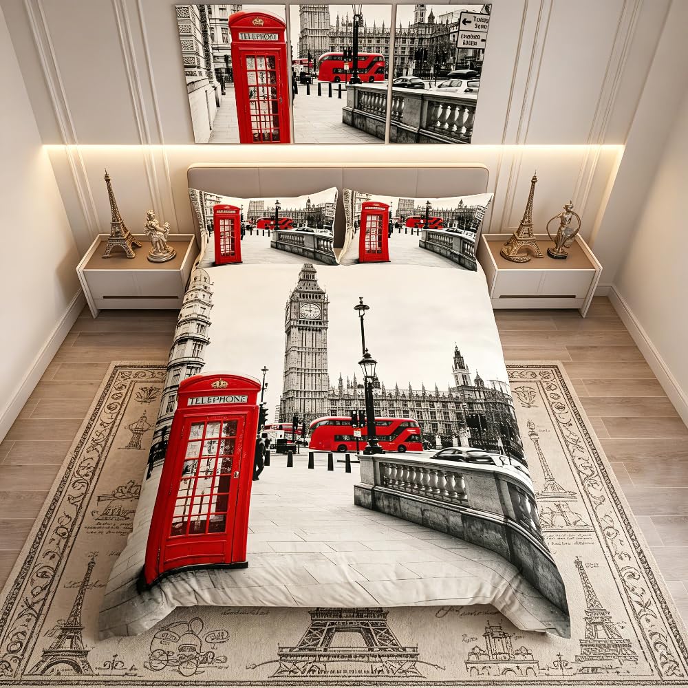 Loussiesd London Telephone Booth Duvet Cover Set King with 2 Pillow Shams,Famous City 3D Print Bedding Sets with Zipper Closure,Soft Comforter Microfiber Modern Quilt Cover Set 3PCs(220x240cm)
