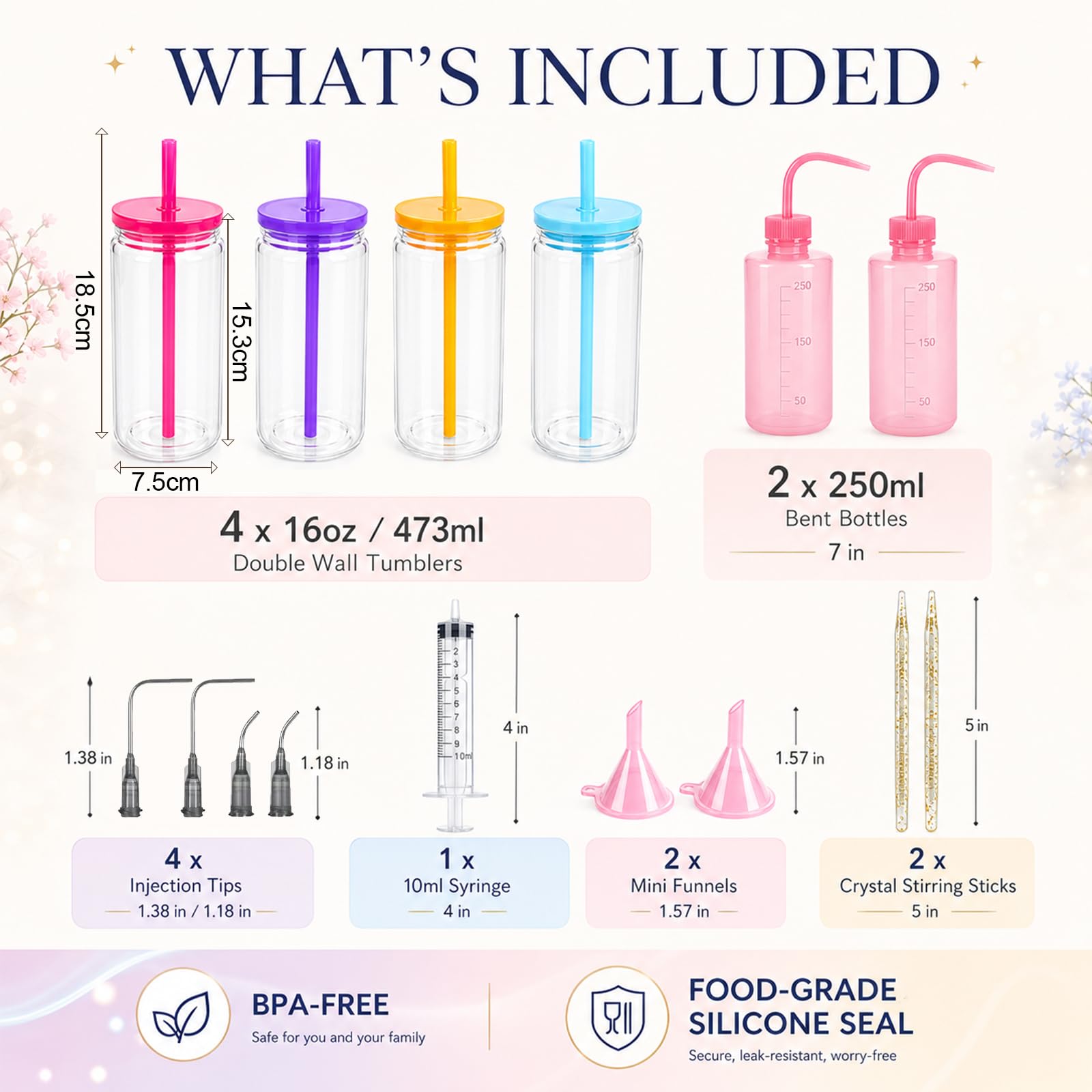 KASURE Confezione da 4 bicchieri a doppia parete in plastica da 473,6 g, in rosa, viola, giallo, blu, con 14 strumenti fai da te glitterati, set completo per la creazione di palle di neve per