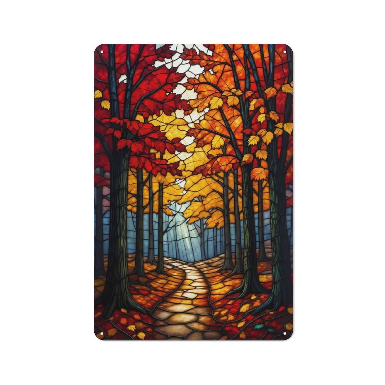 Junmoney Style-9 For Lounge Or Reading Corner, Stained Glass Autumn Forest Path Vintage Metal Sign 30X20cm, For Collectors Decorating Lounges And Reading Corners