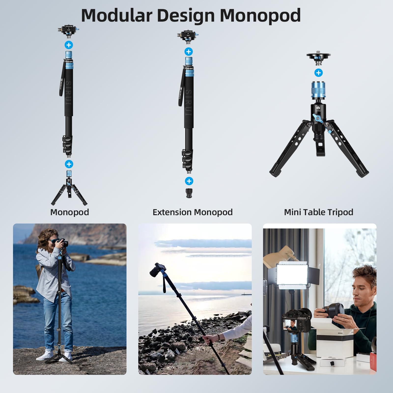 SIRUI Aluminiowy monopod ze stopkami, kompaktowy profesjonalny monopod 192,5 cm do aparatów, obsługuje do 15 kg, kompatybilny z Sony, Canon, Nikon DSLR, AM-404FL+QC-55