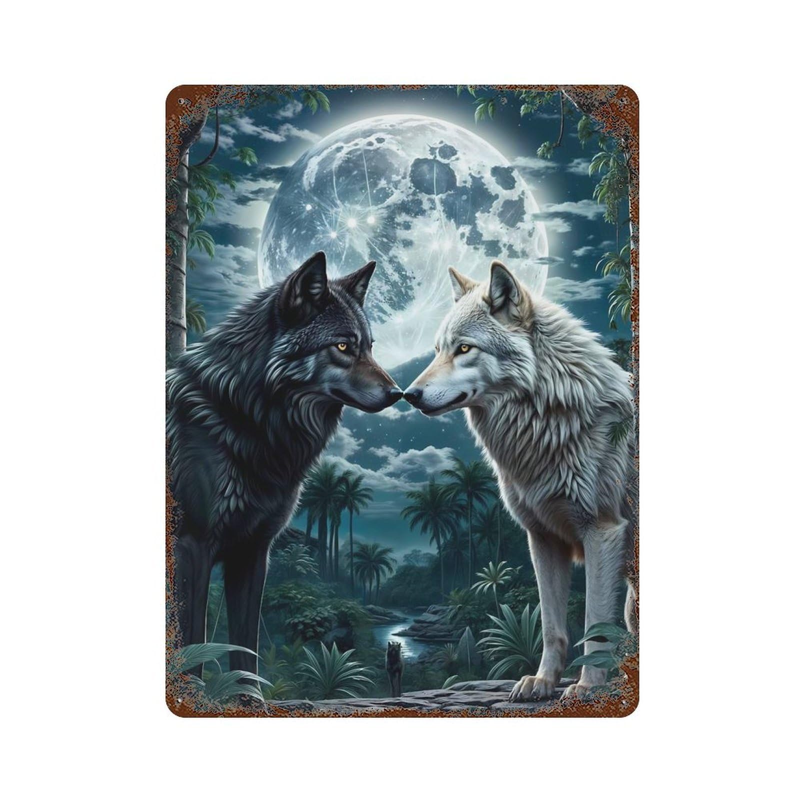 Rust Effect Two Wolf in Forest Moon Rusty Metal Tin Sign 15.7"x11.8", Farmhouse Wall Decor for Cafe, Home Bar And Lounge Decor