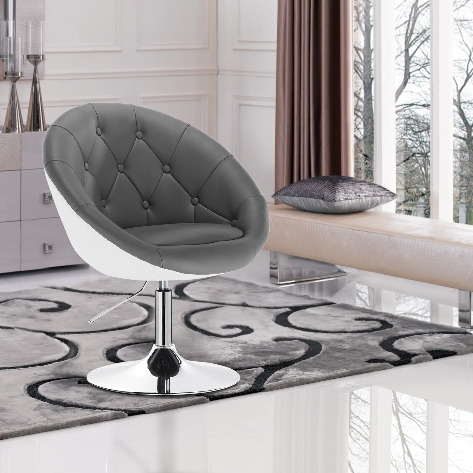 WOLTU Poltroncina da Bar Sgabello Girevole Sedia con Schienale Braccioli in PU Altezza Regolabile Grigio+Bianco