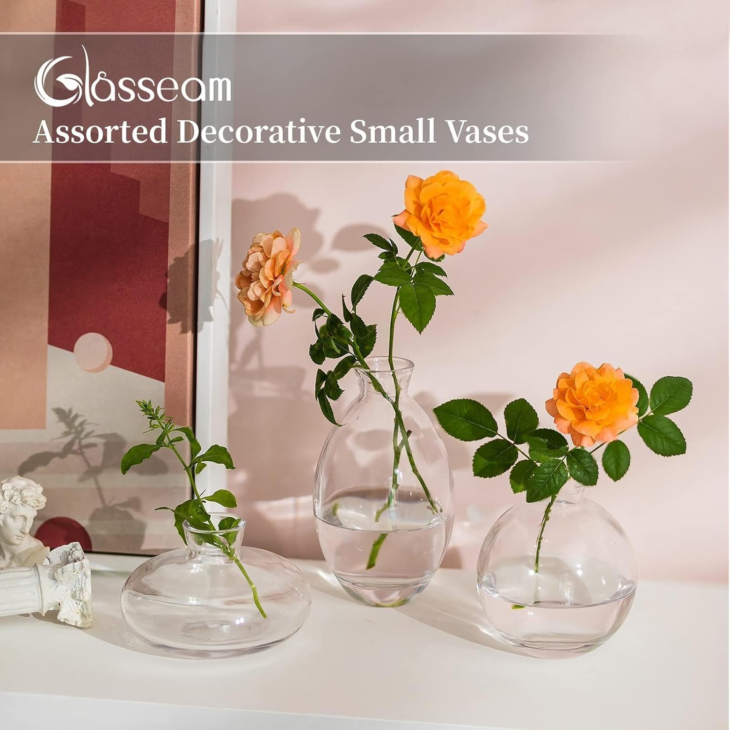 Glass Bud Vase for Centerpieces, 6Pcs/2Sets Glasseam Modern Clear Mini Small Vases for Flowers Bulk Flower Vase Set Aesthetic Cute Handmade Tiny Short Wedding Table Centerpiece Decor