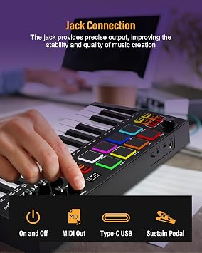 MIDI Keyboard Controller, 25 Key Rechargeable MIDI Keyboard with 8 Backlit Drum Pads, 8 Knobs, OLED Display, DAW Integration, MIDI Controller for Music Production