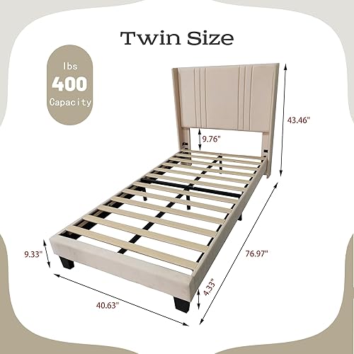 Miniatura 2 de Tuconia Base de cama individual tapizada con cabecero de listones de madera, soporte de fácil montaje, no necesita somier, terciopelo beige