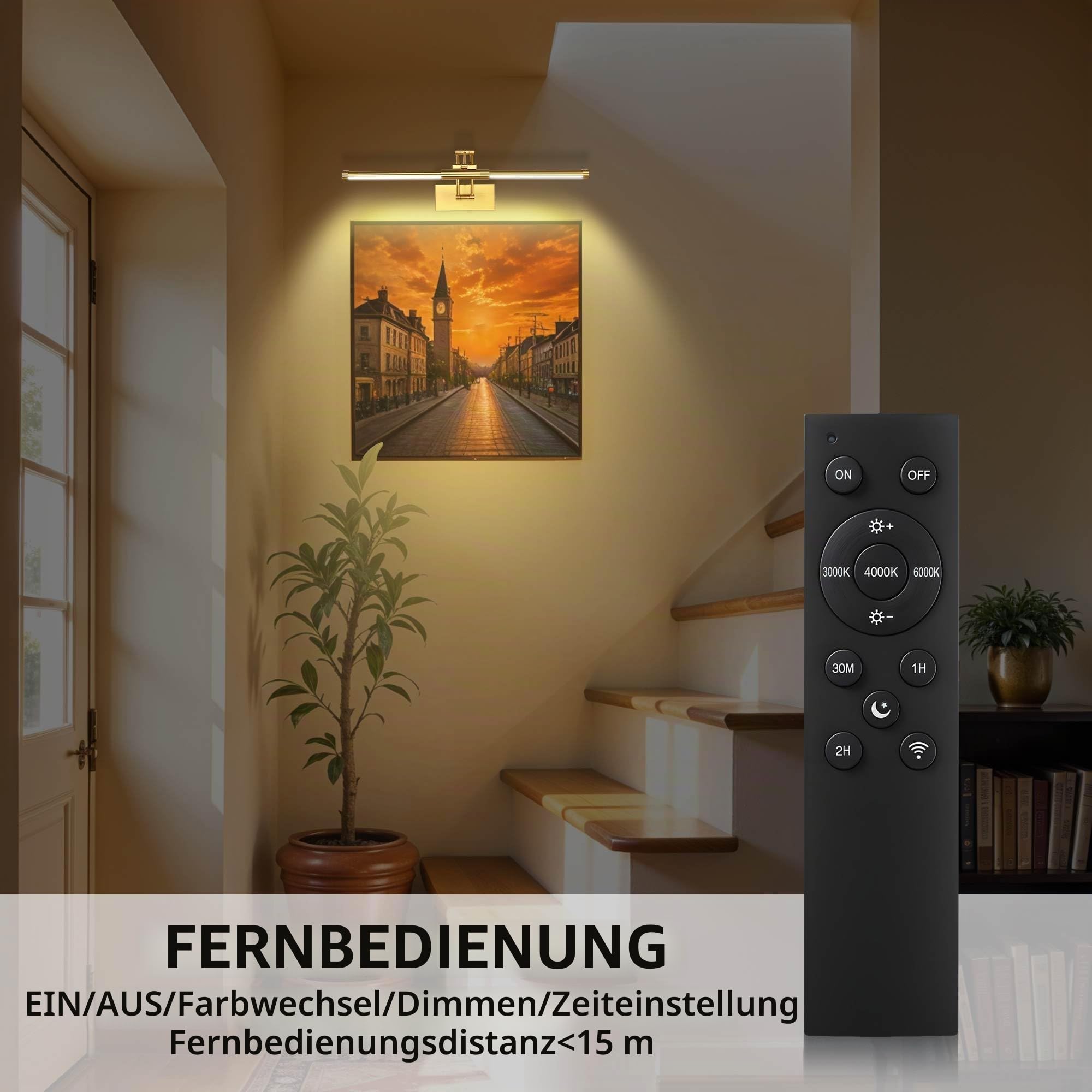 Bildbeleuchtung Kabellos, 8000mAh Akku Bilderleuchte 60cm Gold | LED Wandleuchte Innen mit Fernbedienung, Dimmbar 3 Farbtemperaturen & Timer, Bilderlampe für Gemälde, Foto, Dart Beleuchtung