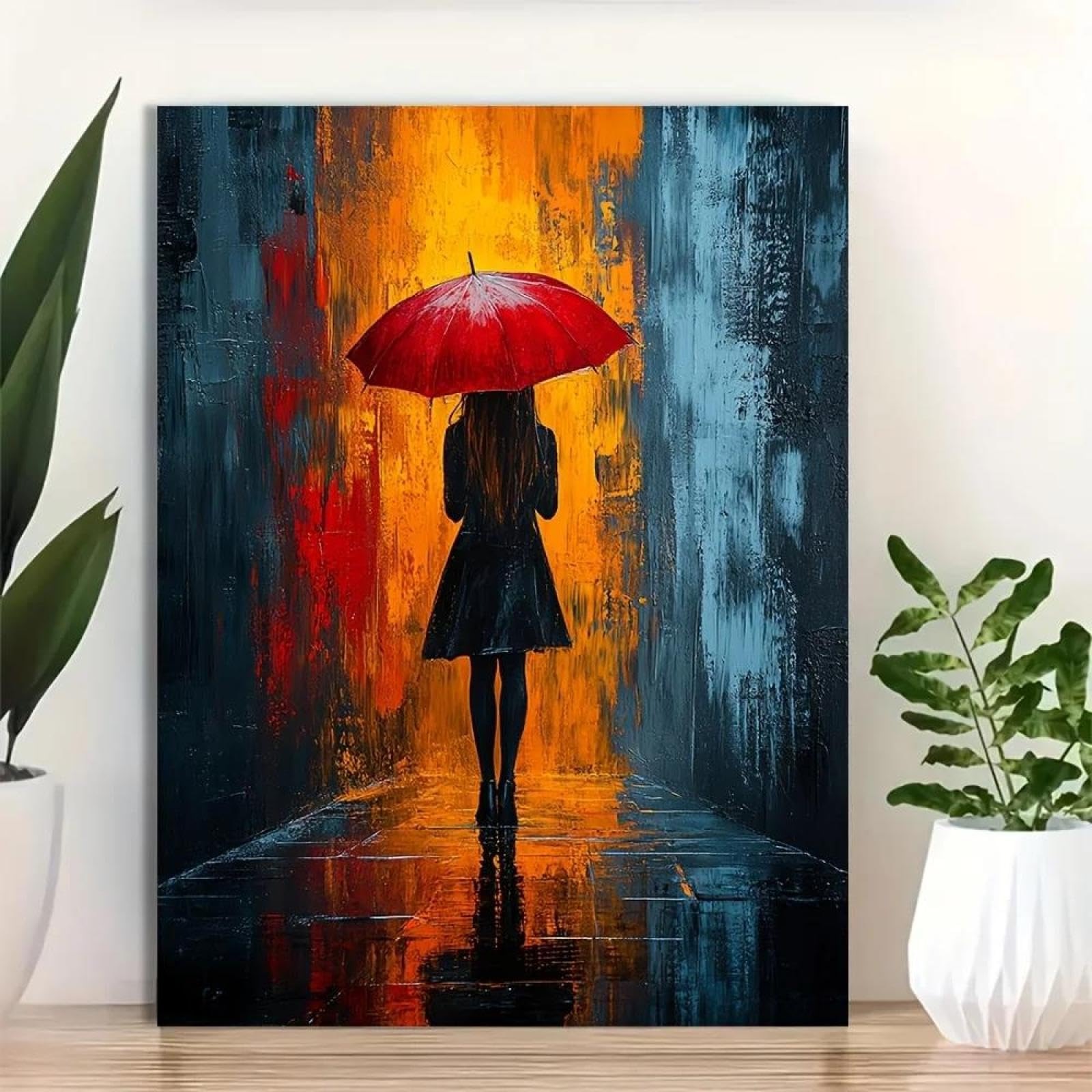 Baibexing Abstract Figure Woman Hold Red Umbrella In The Rain Poster Prints Canvas Painting Wall Art Picture For Living Room Home Decor 21X30Cm Unframed