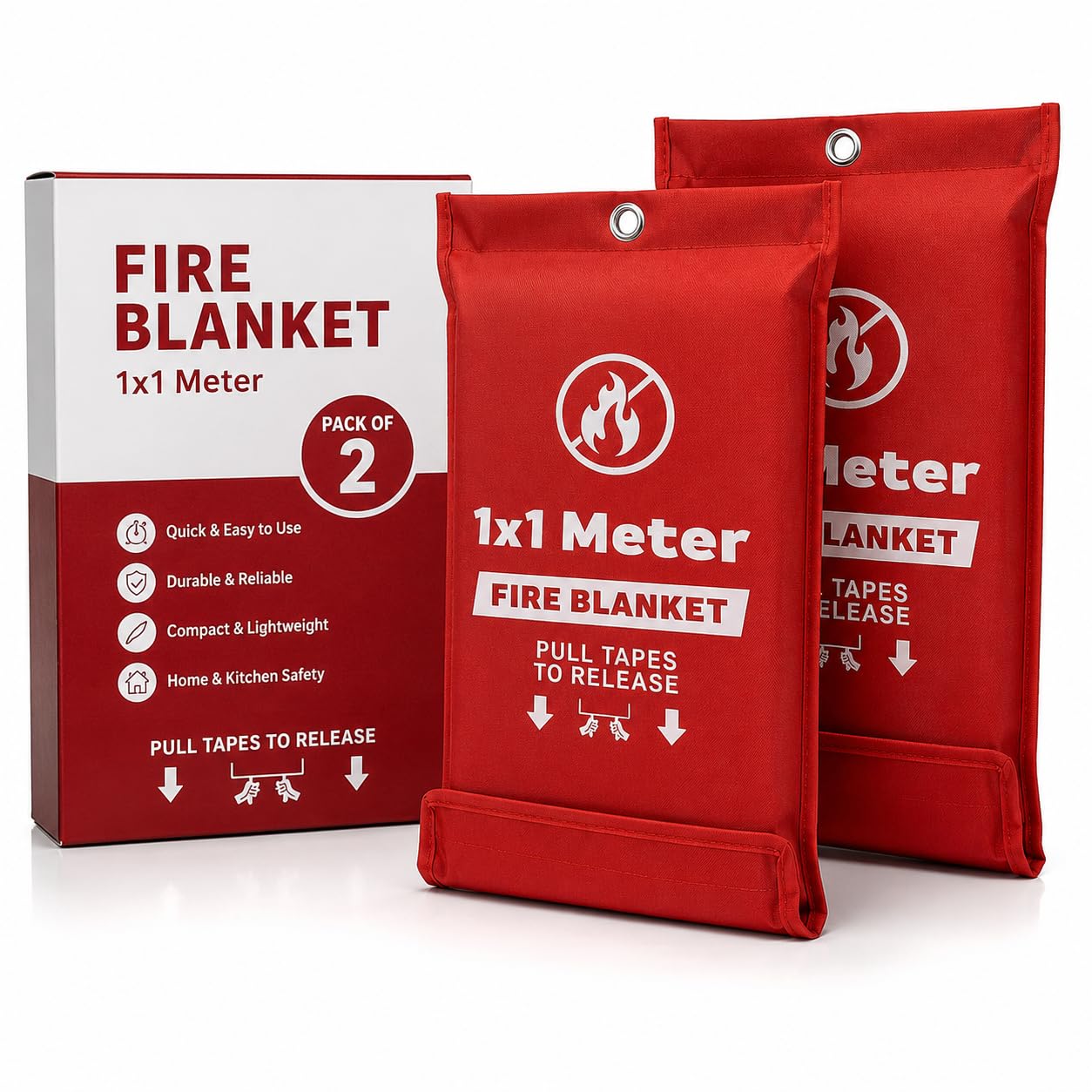 MODAGE Fire Blanket Large 1 x 1 Meter - Fully Coated Woven Fiberglass Fire Blanket for Kitchen | Single Use Blanket Wall Mountable (1 Meter (Pack of 2))