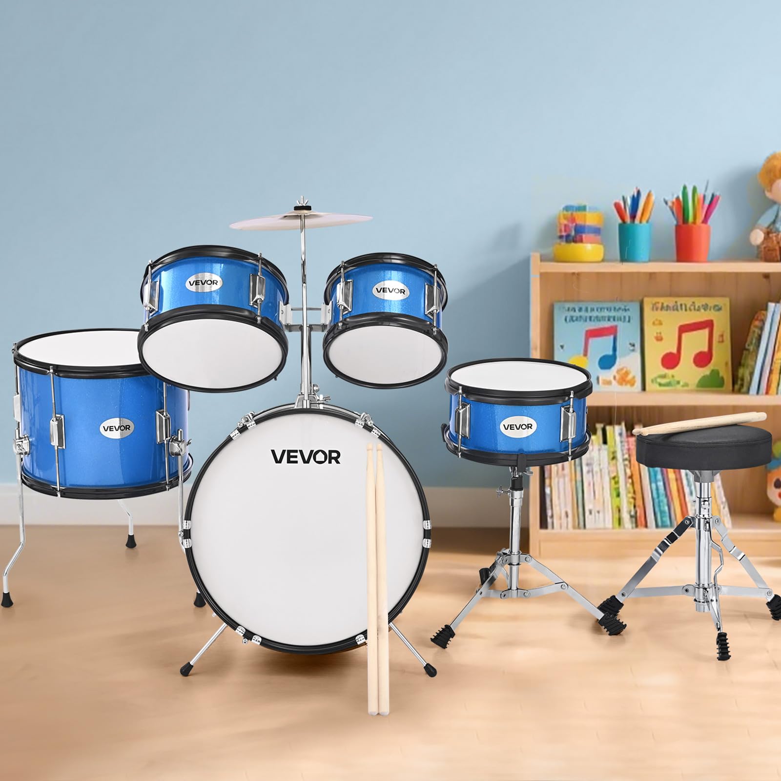 VEVOR Schlagzeug Set, 5-teilig, inkl. 40,6 cm Basstrommel, 25,4 cm Snare, 20,3 cm & 25,4 cm Tomtoms, 33 cm Standtom, Crash-Becken & 20,3 cm Hi-Hat, für Kinder von 6–13 Jahren, Blau