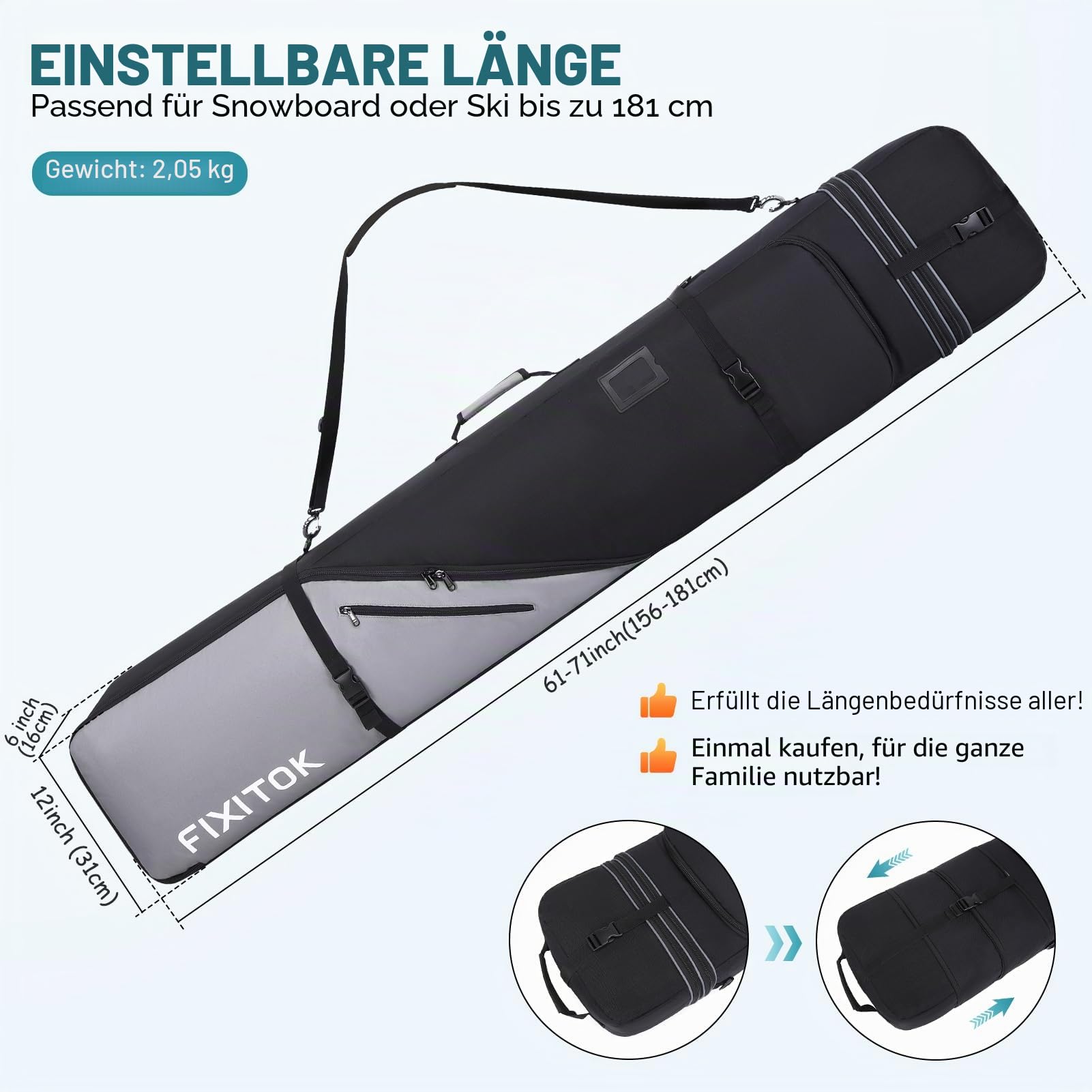 FIXITOK Snowboard & Skitasche für die Luftfahrt, wasserdichte Vollgepolsterte Snowboardtasche für Board, Stiefel, Kleidung, Helm und Ausrüstung, Verstellbare Länge Skitasche (157 cm - 181 cm)