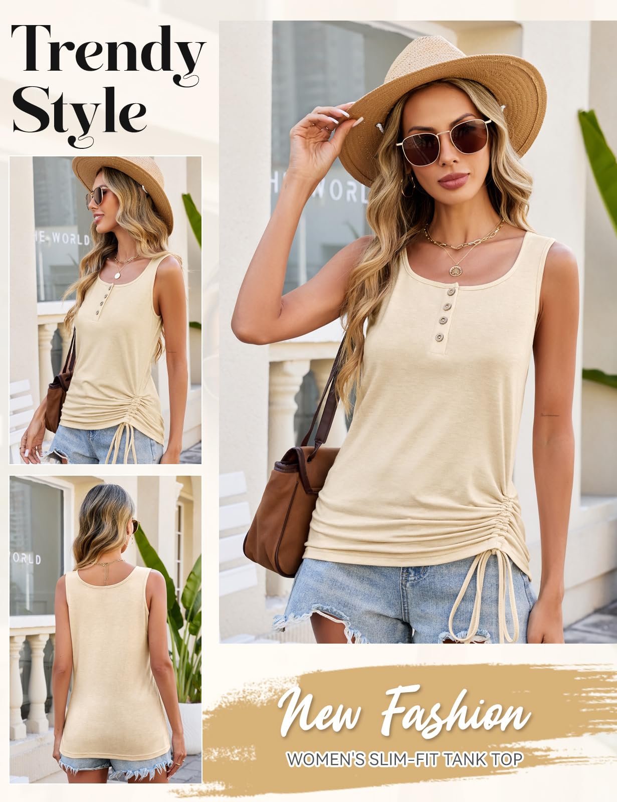 Tank Top damski top bez rękawów, na lato, na co dzień, okrągły dekolt, seksowny, elegancki tank top z boku ściągaczem, basic, luźna koszulka