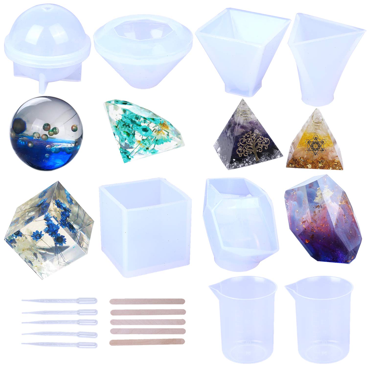 LOCOLOResin Casting Molds, Large Clear Silicone Epoxy Resin Molds Includs Pyramid/Diamond/Cubic/Stone Shape/Sphere/Triangular Pyramid for DIY Jewelry Craft Making, with Mixing Cups and Sticks(6 Pack)