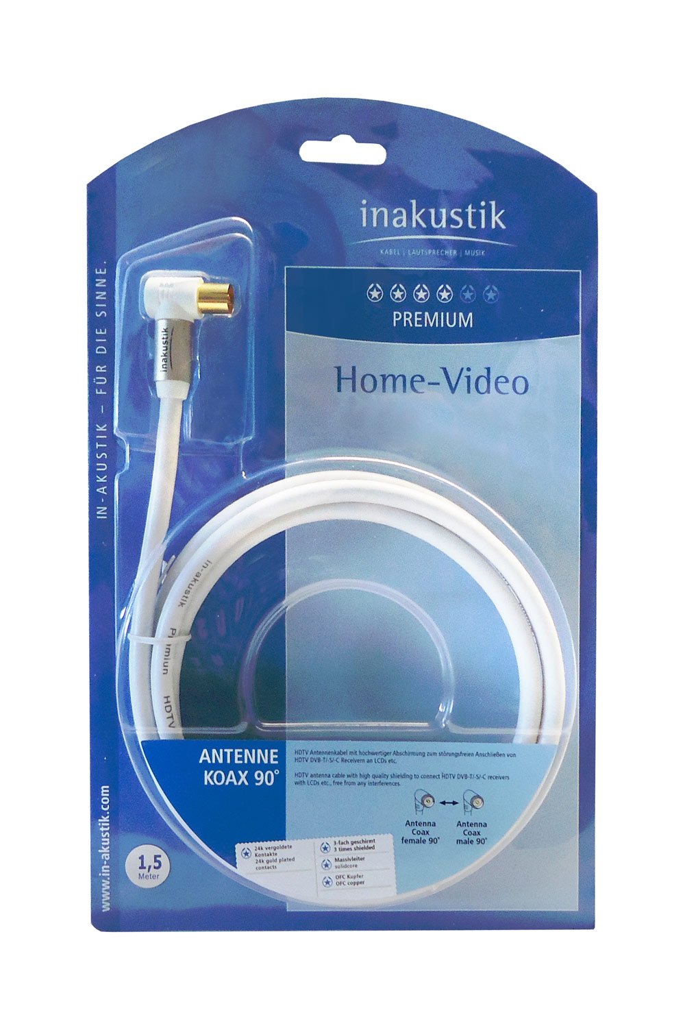 inakustik – 00426310 – Premium Koax-Antennenkabel | Für die Anforderungen bei hochauflösenden Fernsehformaten (HDTV) entwickelt | 10,0m in Weiß | 100 dB - 90°-Steckern für platzsparenden Anschluss