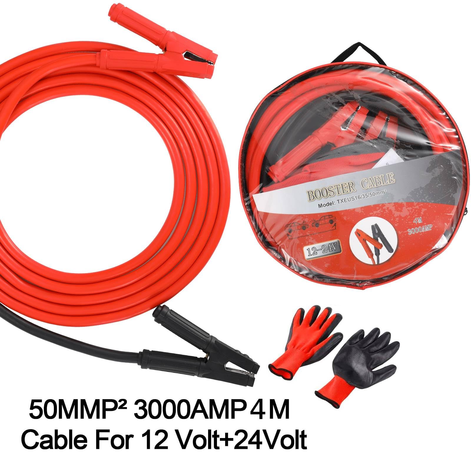 MAMIZO Kabel rozruchowy 4 m, 50 mm², 3000 A, zestaw kabli rozruchowych, 12 V/24 V, szybki start, z rękawicami ochronnymi, do samochodów osobowych, ciężarowych, kabel rozruchowy