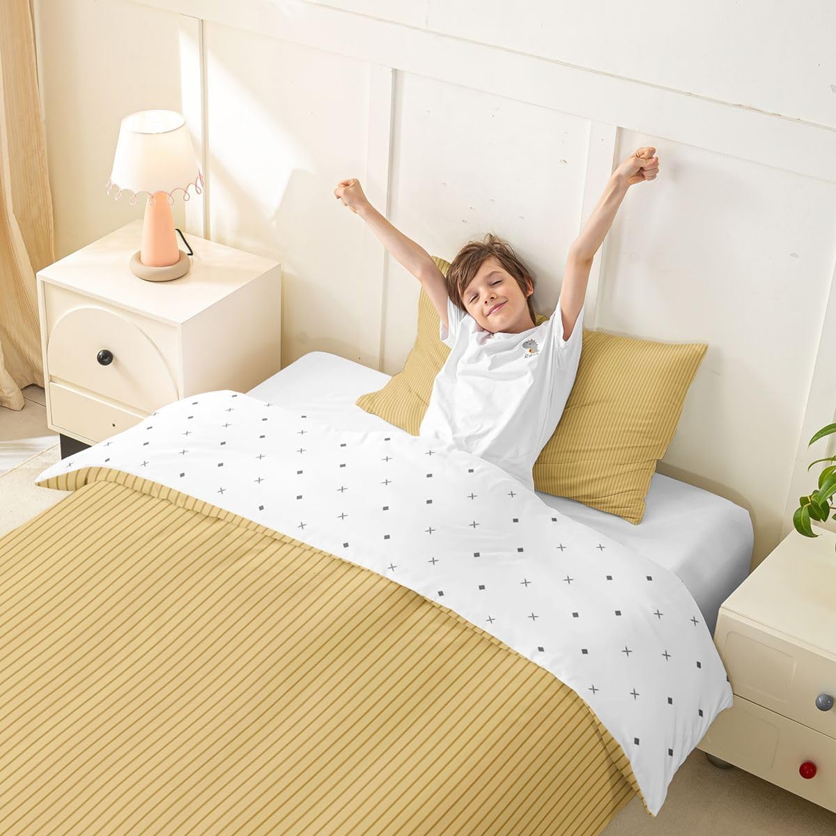 Feelyou Yellow Stripes Duvet Cover Toddler Size Geometric Bedding Set for Boys Girls Modern Farmhouse Comforter Cover Bedroom Decor 2Pcs