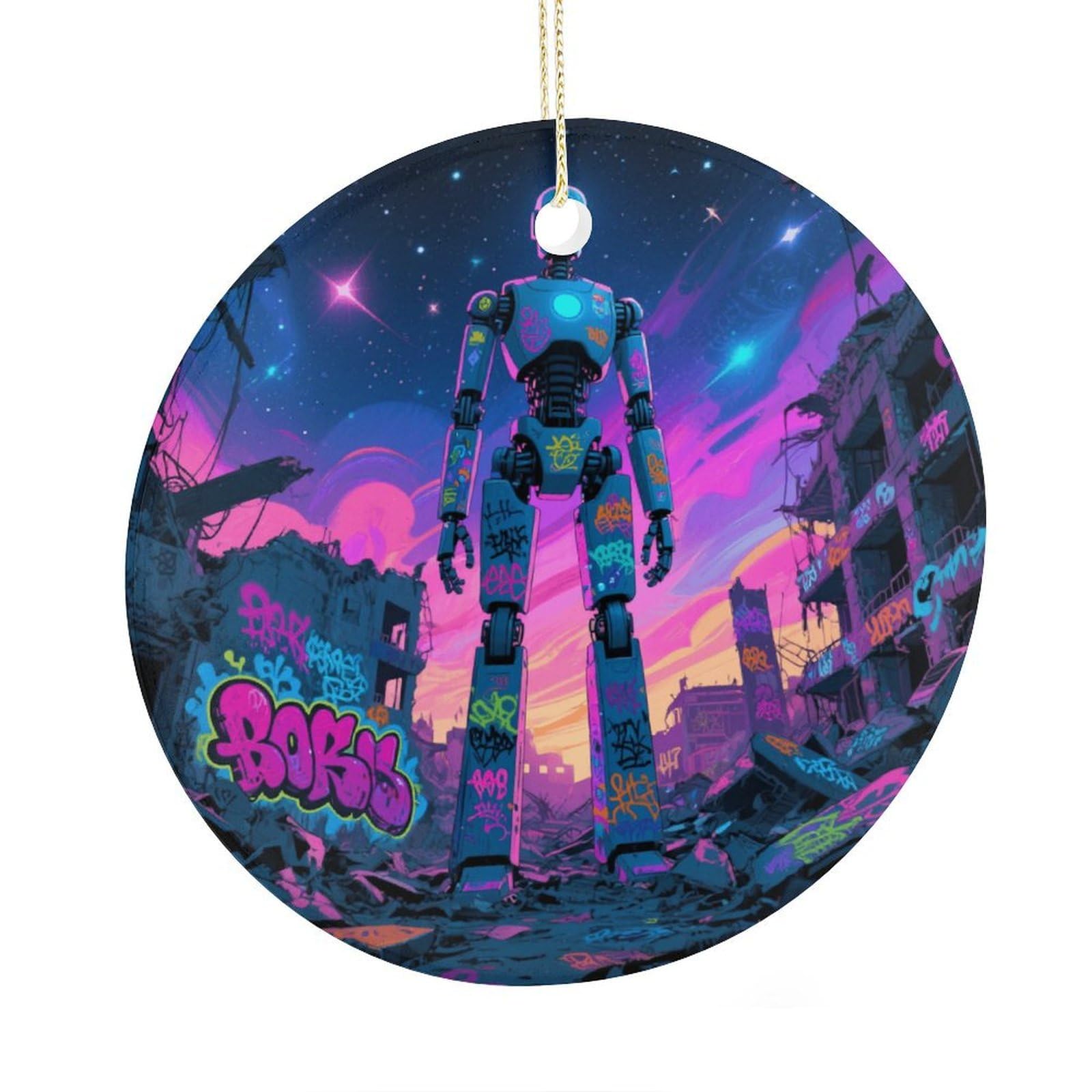 Fekiloot Style Graffiti Robot Christmas Ornaments 2.9 Inch Round Ceramic Ornament Keepsake Thank You Gifts For Office, Room, Home - Holiday Present Ideas