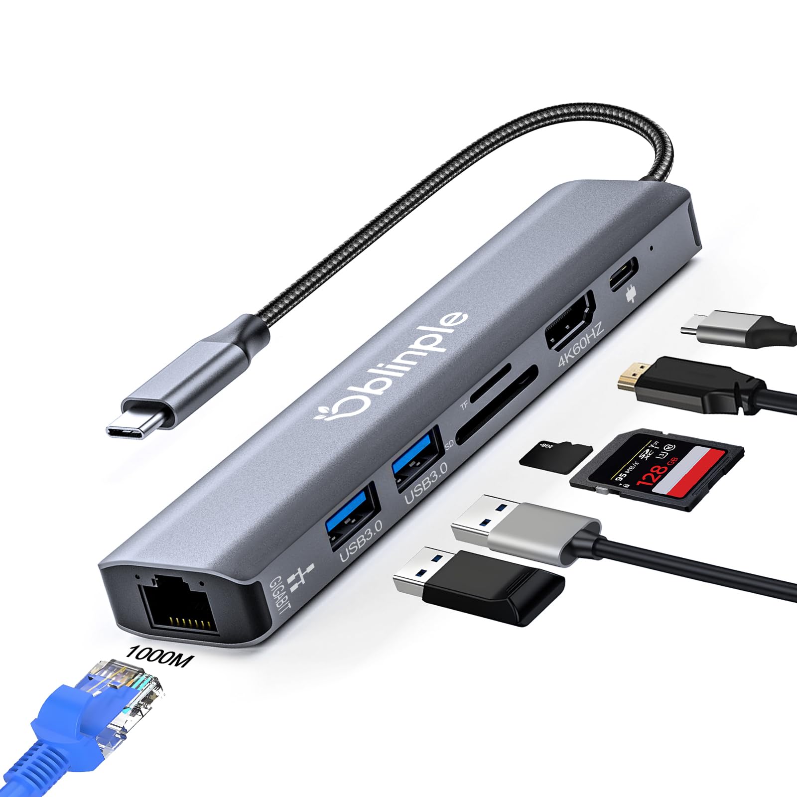 Oblinple 7 in 1 USB C Hub Gigabit Ethernet Adapter-4K@60Hz HDMI | LAN RJ45 PD100W 2*USB 3.0 SD/TF Kartenleser USBC Hub für MacBook Pro/Air iPhone 16/17 iPad Pro Samsung