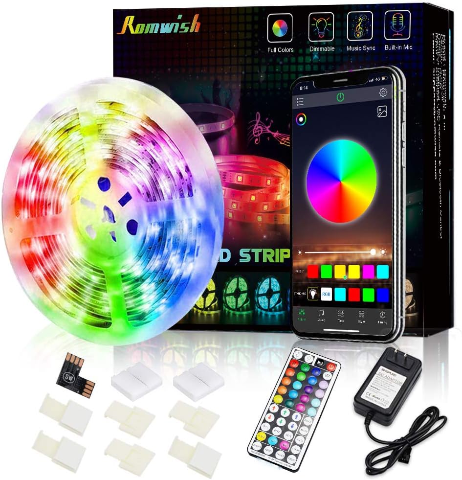 LED Strip Lights Bluetooth, 16.4ft Color Changing Flexible Tape Light, Black Board, 44 Keys RF Remote&App Controller, Light Sync Dance with Music, Timing Function for Bedroom, TV, Party, Home Decora