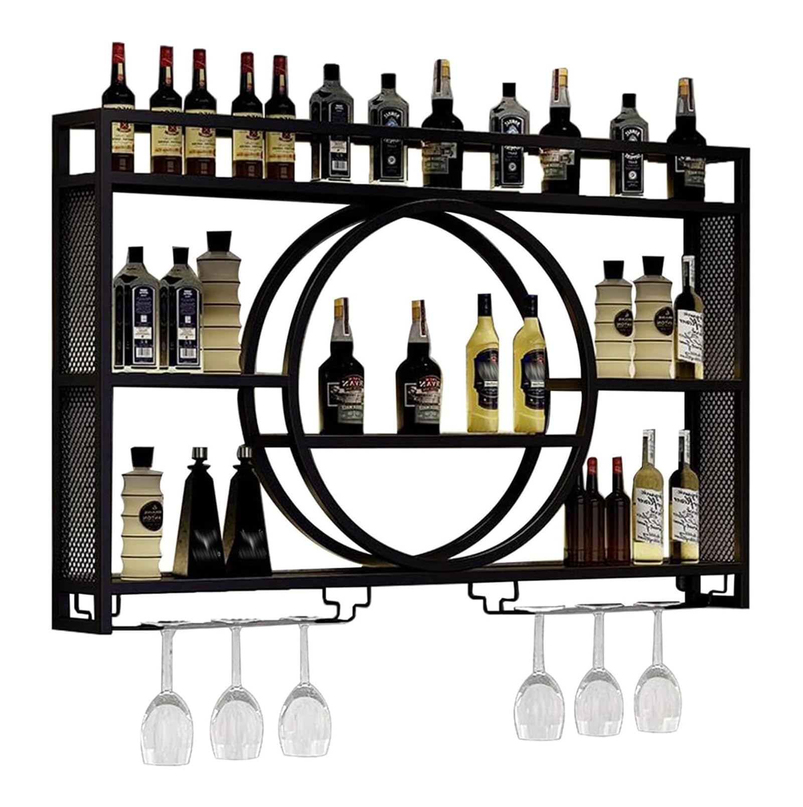 Casier à vin mural industriel avec porte-verres et étagères de bar en métal noir