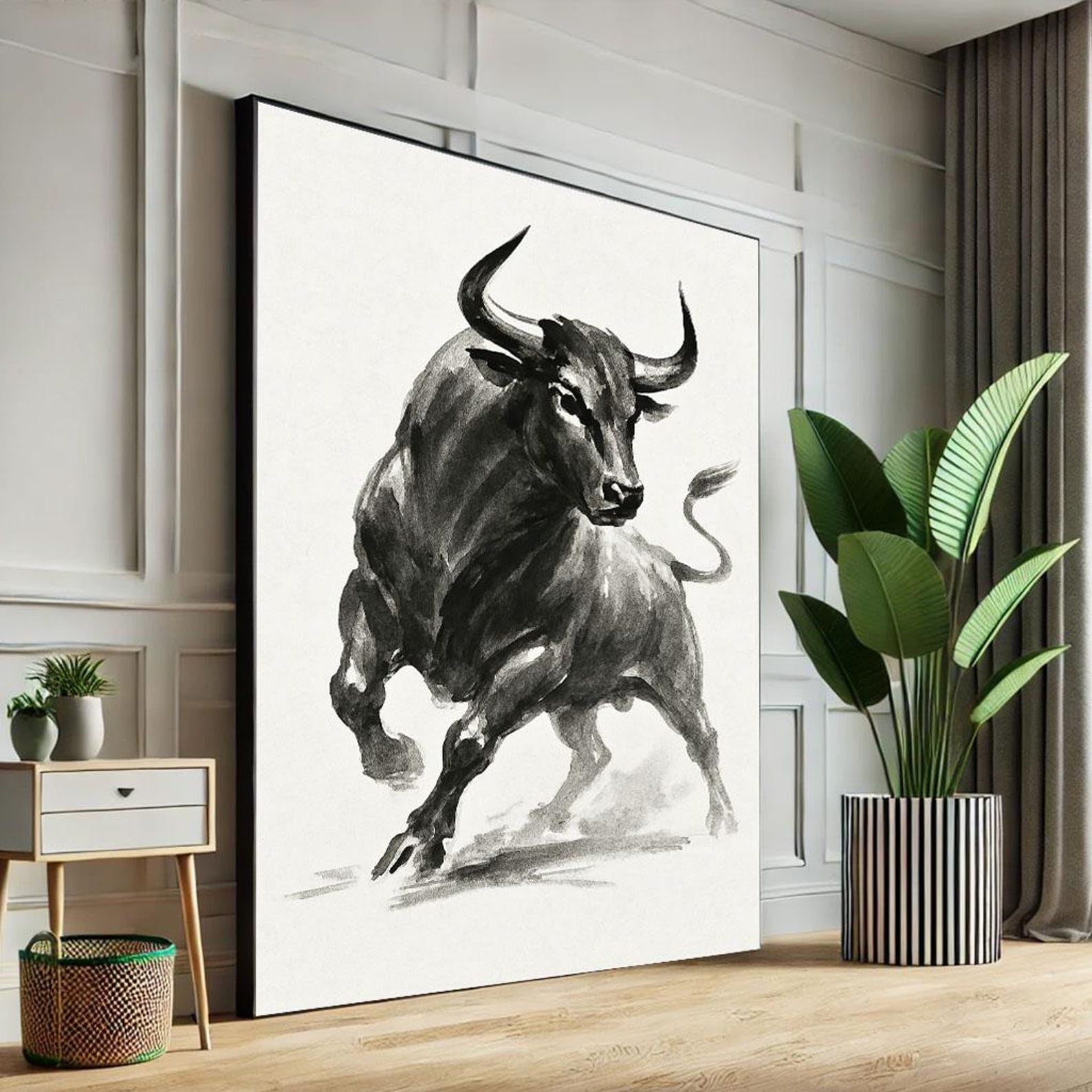 Lmycheng Frameless Abstract Bull Canvas Wall Art, Painting For Living Room Decor, Black And White Animals Portrait Posters And Prints(70X110cm/Frameless)