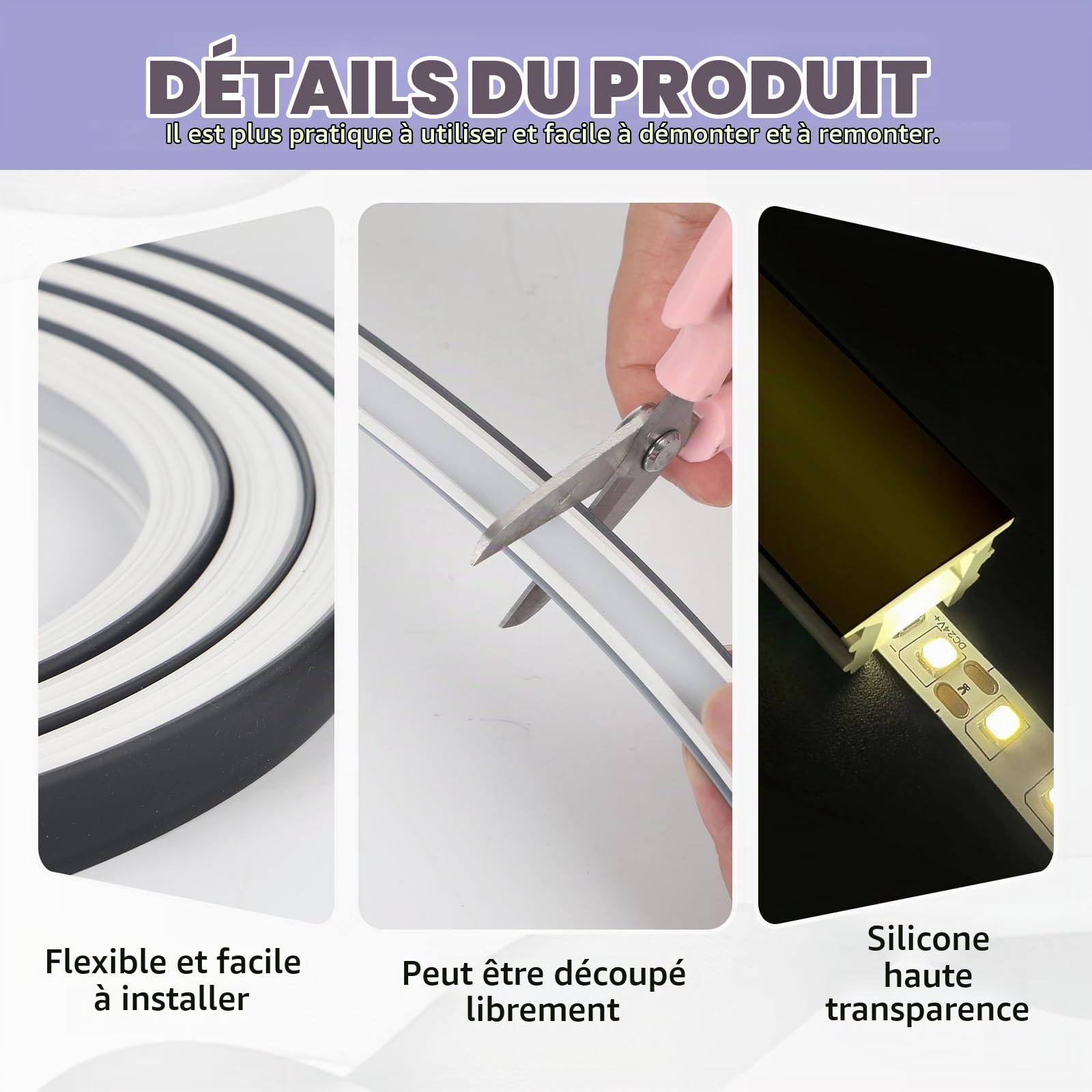 Profilé LED en silicone noir, bande LED flexible pour panneau acoustique, plafond, mur, armoire (bande LED non incluse) (15 x 10 mm, 5 m)