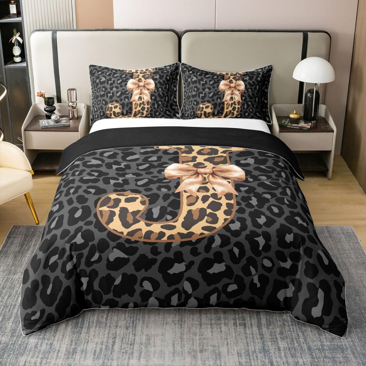 Parure de lit guépard en coton 240x260 pour une chambre de fille esthétique gris