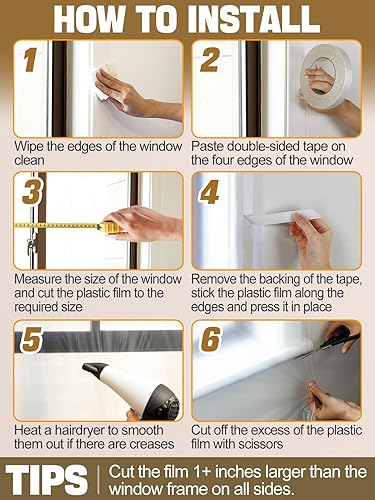 Miniatura 7 de Kit de aislamiento de ventana de 62 x 236 pulgadas para invierno, plástico grueso de 5 ventanas para invierno, película retráctil transparente