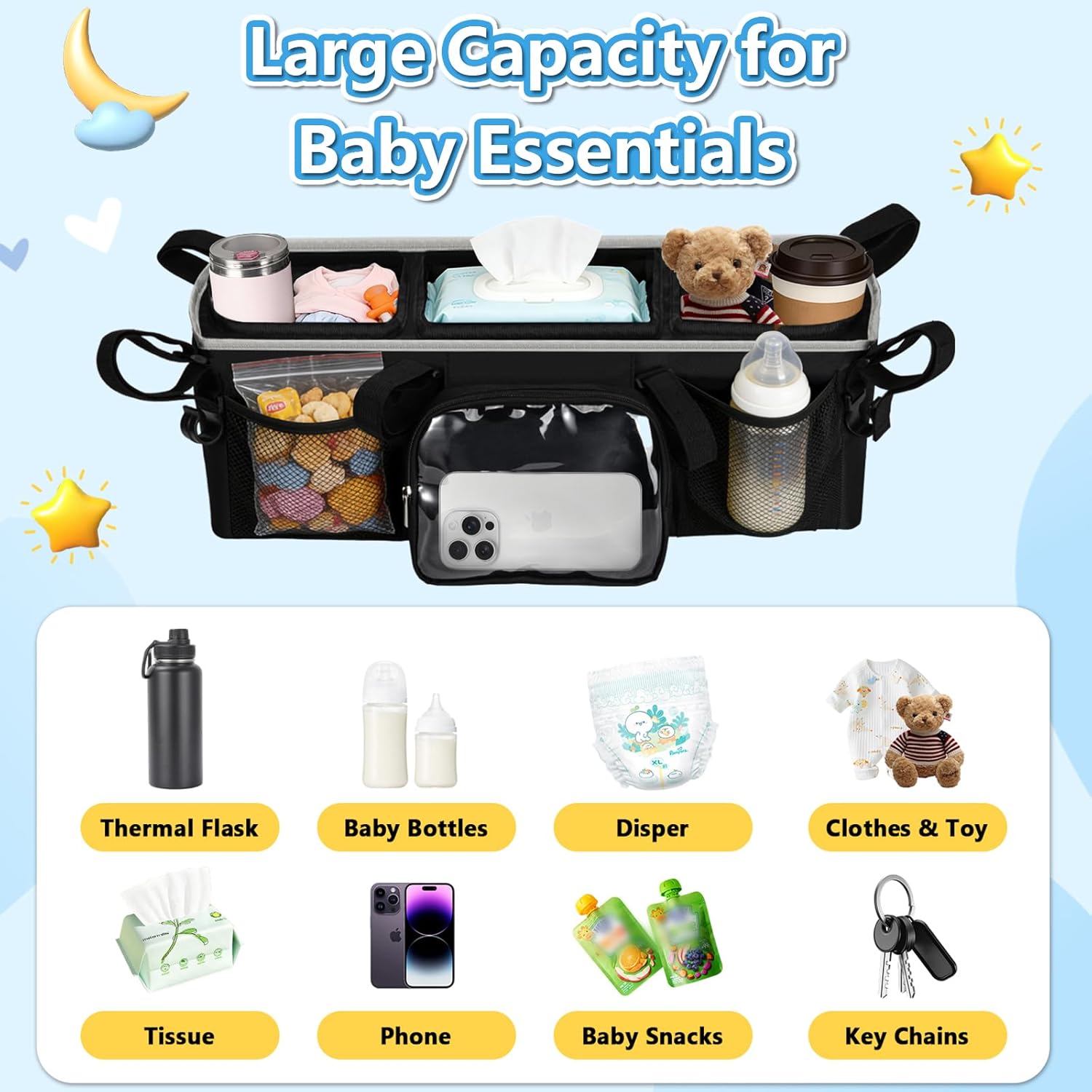 Double Stroller Organizer for Bob Duallie Jogger City Mini GT2 and Jeep, Double Baby Stroller Caddy Accessories with 2 Cooler Pockets, Heavy Duty Parent Double Jogging Stroller Organizer (Empty Bag)