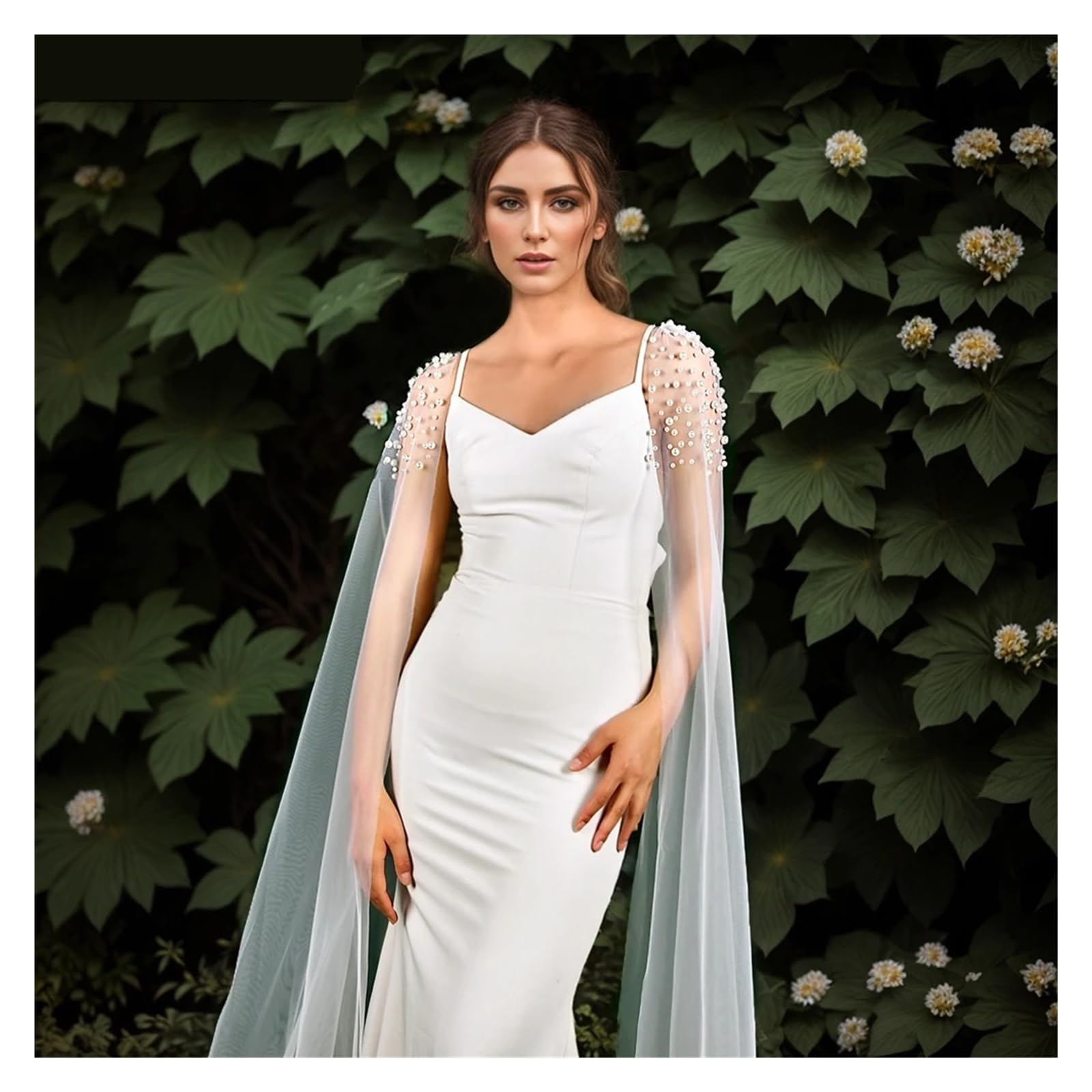 Boda Estola Chal de novia largo con perla, dos piezas, capa tul for mujer, for fiesta boda para novia, cosplay, reunión, cita