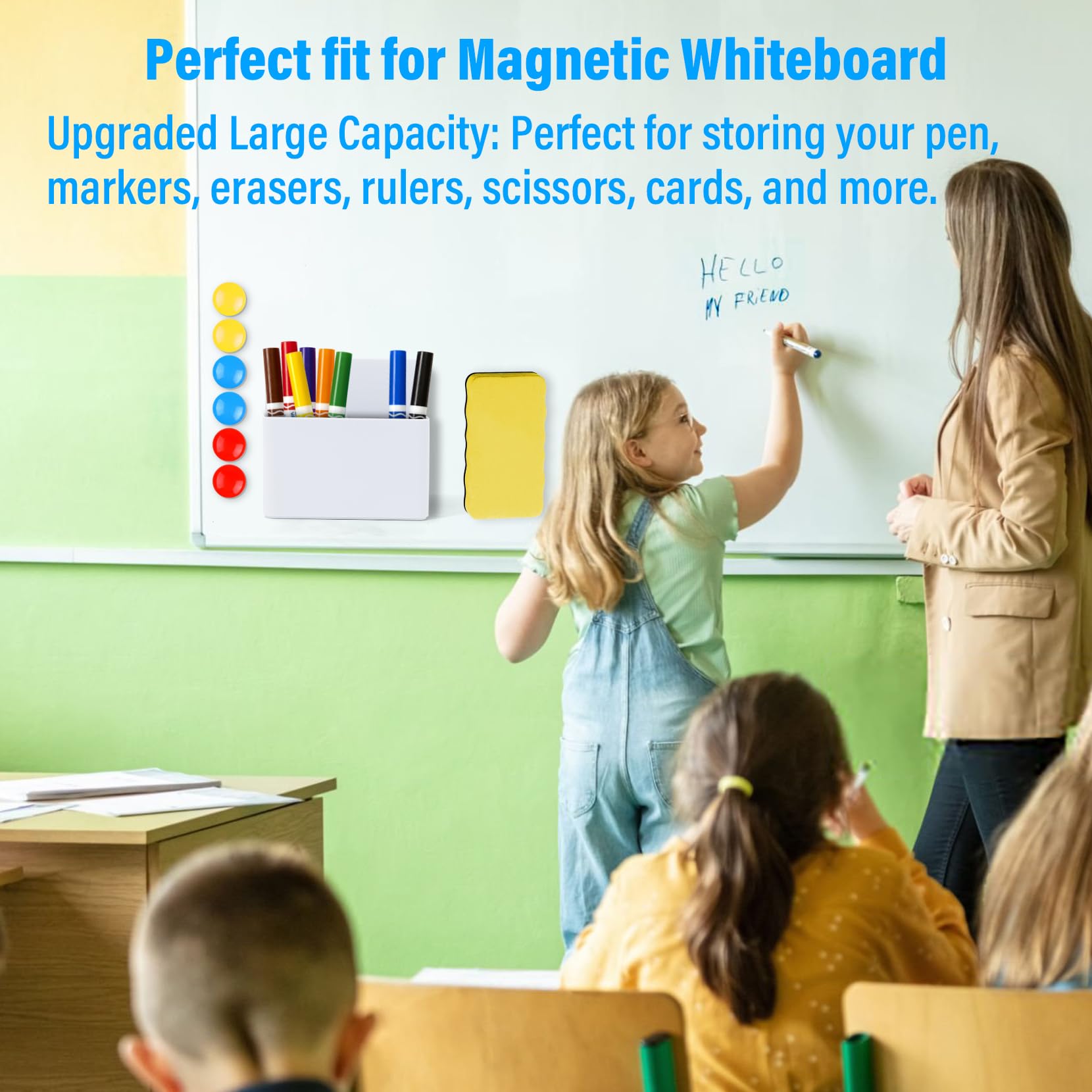 Keinlan 2Pcs Magnetic Pen Holder & Organizer for Whiteboard Office School Strong Magnet Back Adjustable Marker Holder with Eraser - Image 2
