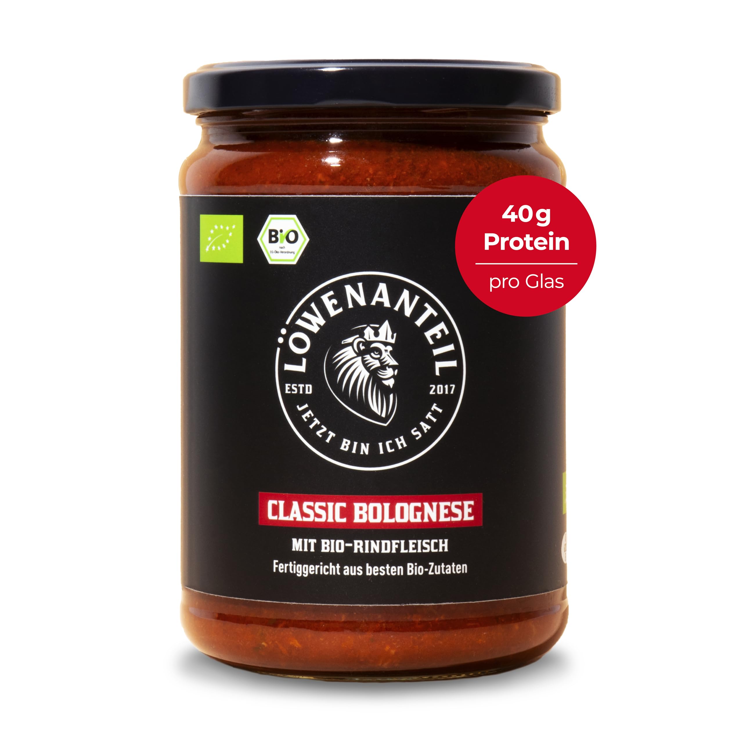 Löwenanteil - 100% Bio-Eintopf CLASSIC BOLOGNESE - 570g Glas - Proteinreiches Bio-Fertiggericht mit saftigem Bio-Rindfleisch, Tomaten & Basilikum - Ohne Zuckerzusatz & Glutenfrei
