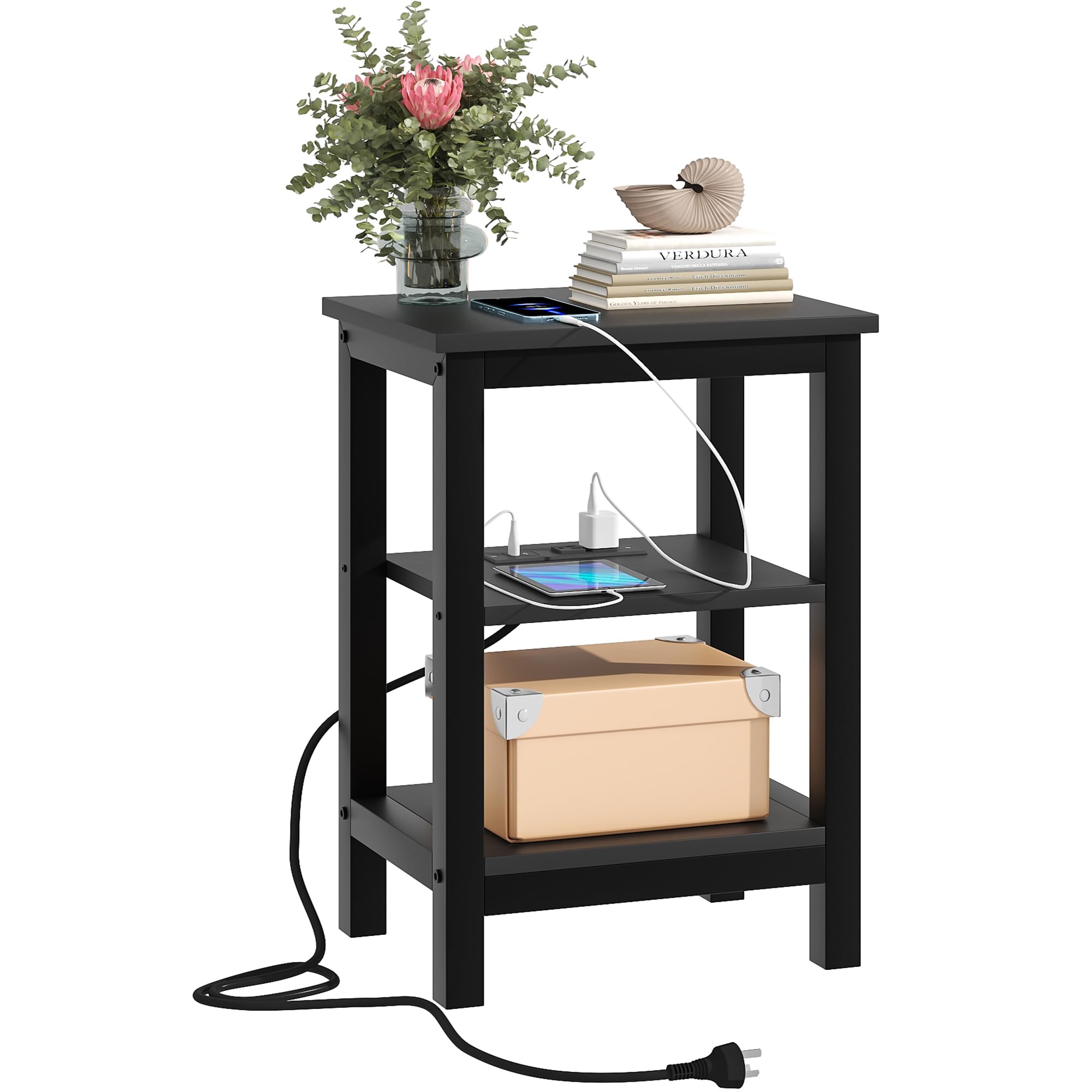 VECELO Modern Nightstands with Charging Station,Side End Table Night Stand with Storage Shelf for Small Spaces, Bedroom,Living Room