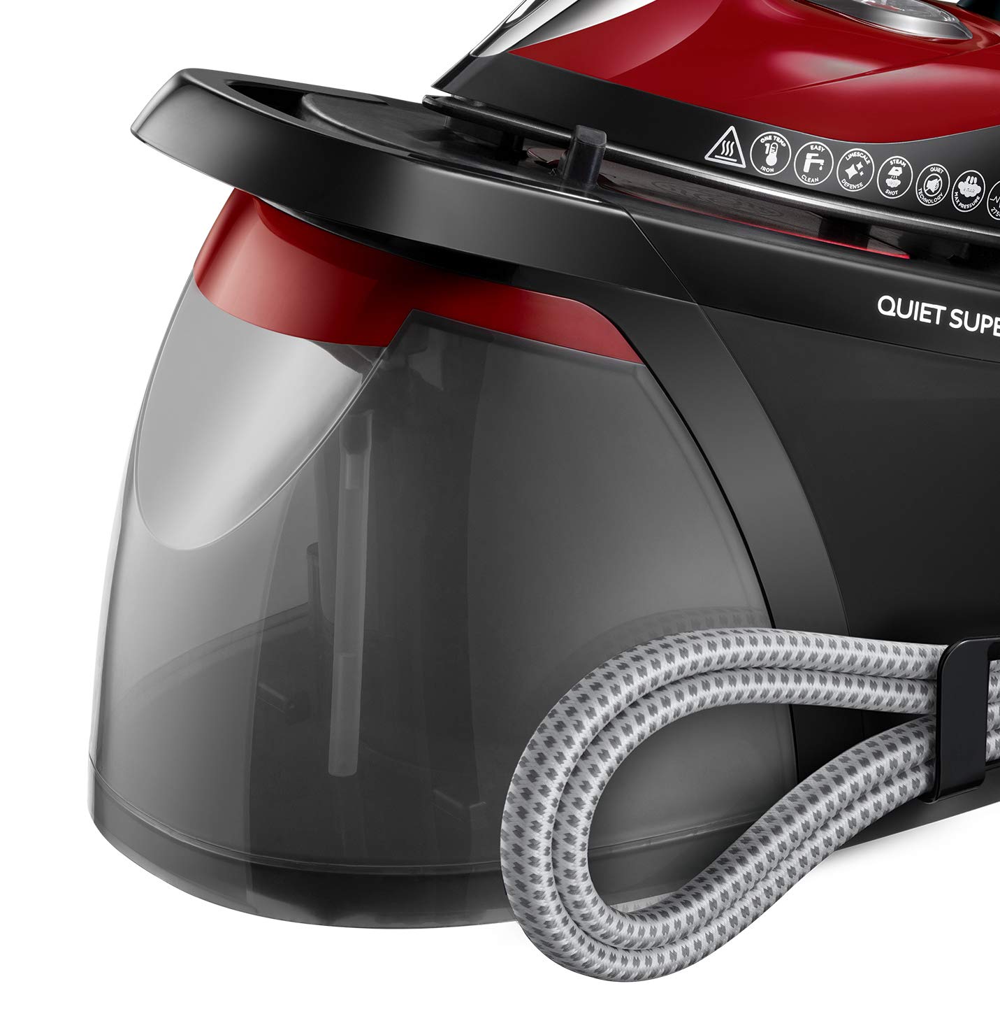 Russell Hobbs Centro de Planchado Quiet Super Steam Pro - 2750 W, Suela Cerámica, Tecnología One Temperature, Presión 8 Bares, Depósito 1,8L, Antical, Vapor Generado 315 g, Negro y Rojo - 24460-56