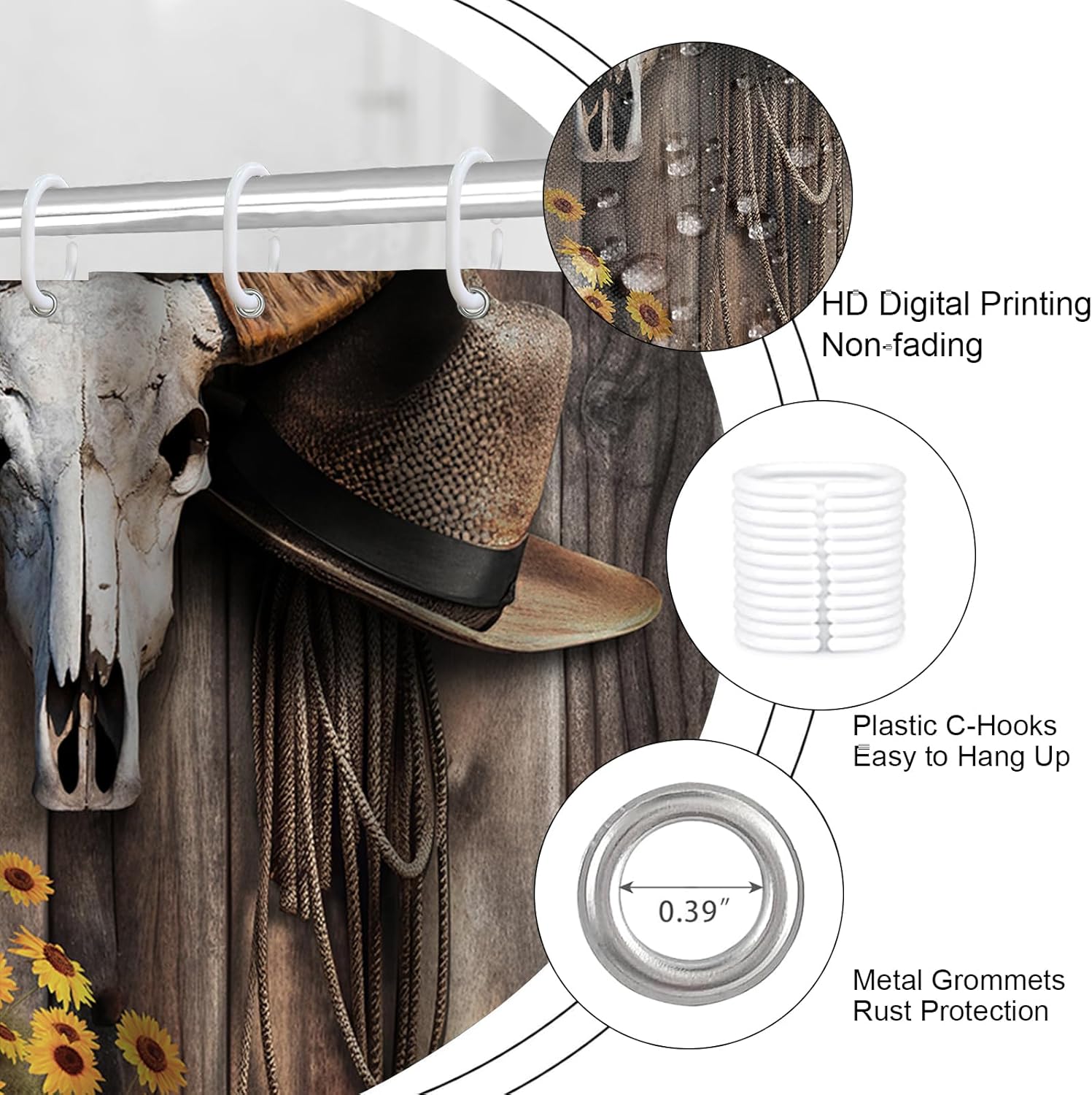4Pcs Brown Cowboy Shower Curtain Rustic Theme Western Bathroom Set with Non-Slip Rugs, Rustic Farmhouse Shower Curtain with Sunflower and Barn Design, Washable Fabric, 12 Plastic Hooks