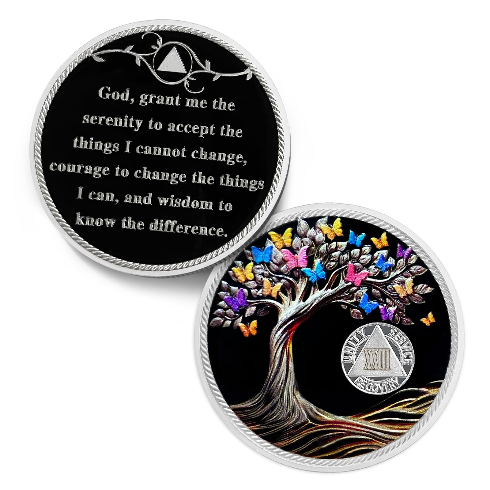 Delicate 23 Year Sobriety Coin - Recovery Butterfly Tree of Life AA Coins - 23 Year NA HA AA Chips and Medallions - 1-62 Years Living Clean Narcotics Alcoholics Anonymous Gifts for Men Women