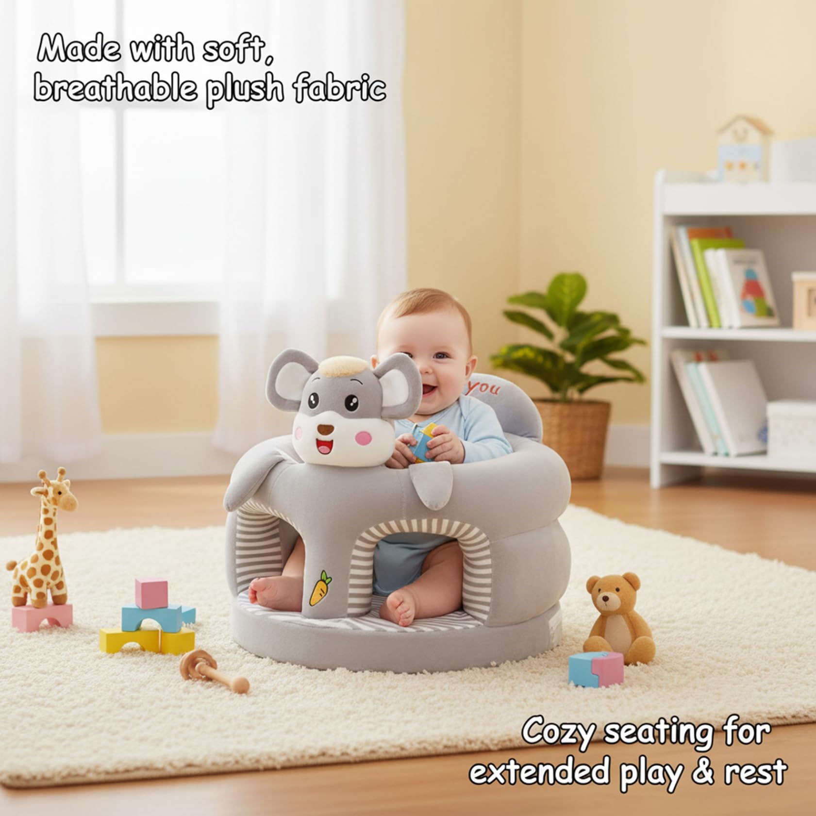 Babysitze für Kleinkinder zum Sitzen, Sitzstuhl für Babys, entzückender Sitzstuhl für Kleinkinder im Elefanten-Design mit ergonomischer Unterstützung für Sitzübungen, weicher Plüsch-Bodensitz, Grau