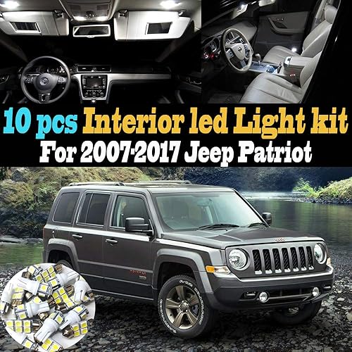 Paquete de 10 luces LED para interior de automóvil, color blanco superblanco, 6000 K, compatible con Jeep Patriot 2007-2017