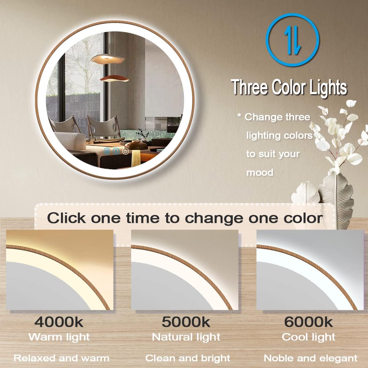 24 Inch Wood Bathroom Round LED Mirror with Lights Wood Frame Round Lighted Mirror for Bathroom Wall Round Vanity Lighted Mirrors 3 Color Dimmable Anti Fog Bathroom Circle Smart Light up Mirror