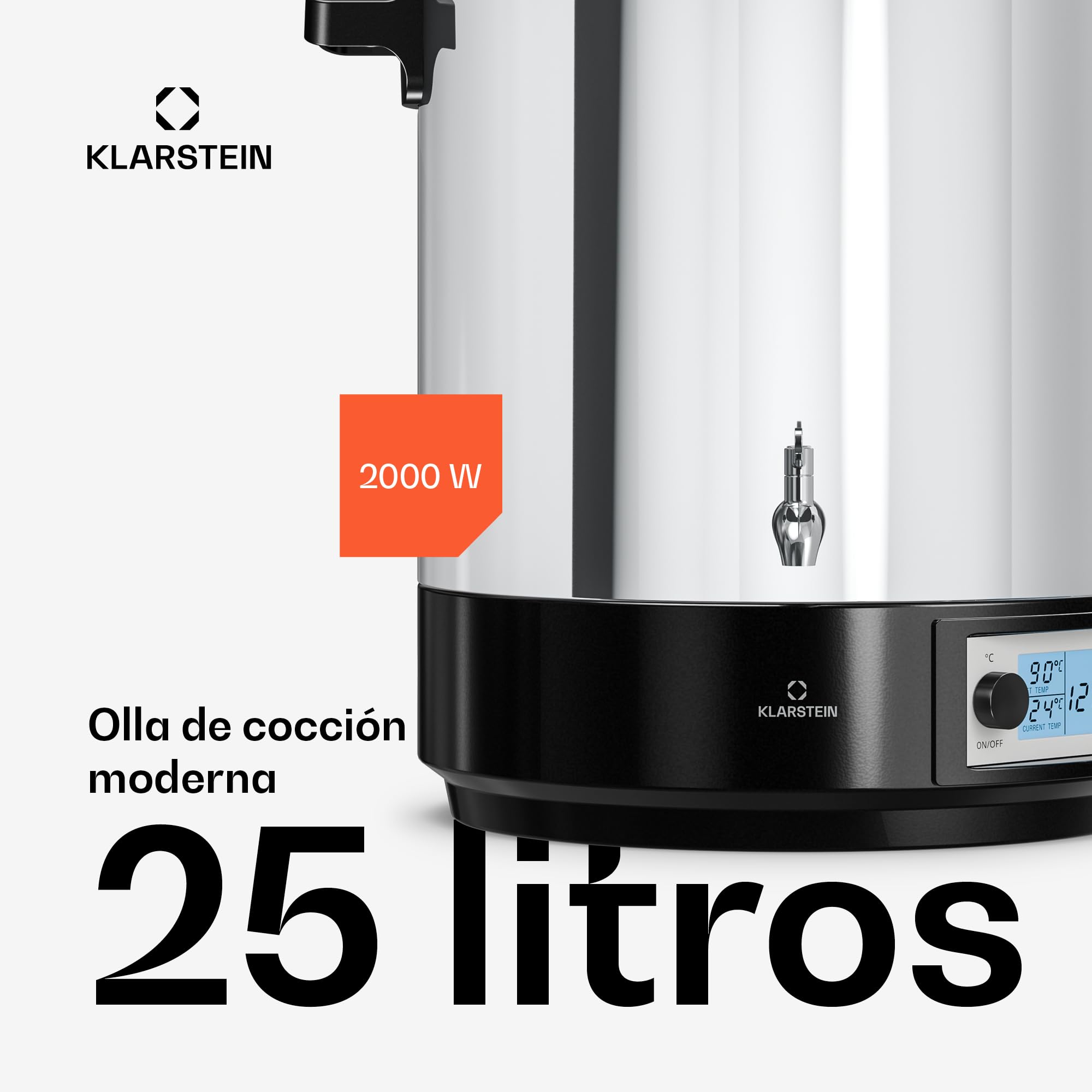 Klarstein Biggie Esterilizador Digital 25 L de Acero Inoxidable con Grifo de Acero Inoxidable, 2000 W, 30–100 °C, Pantalla LCD, Temporizador, Conservas y Vino Caliente
