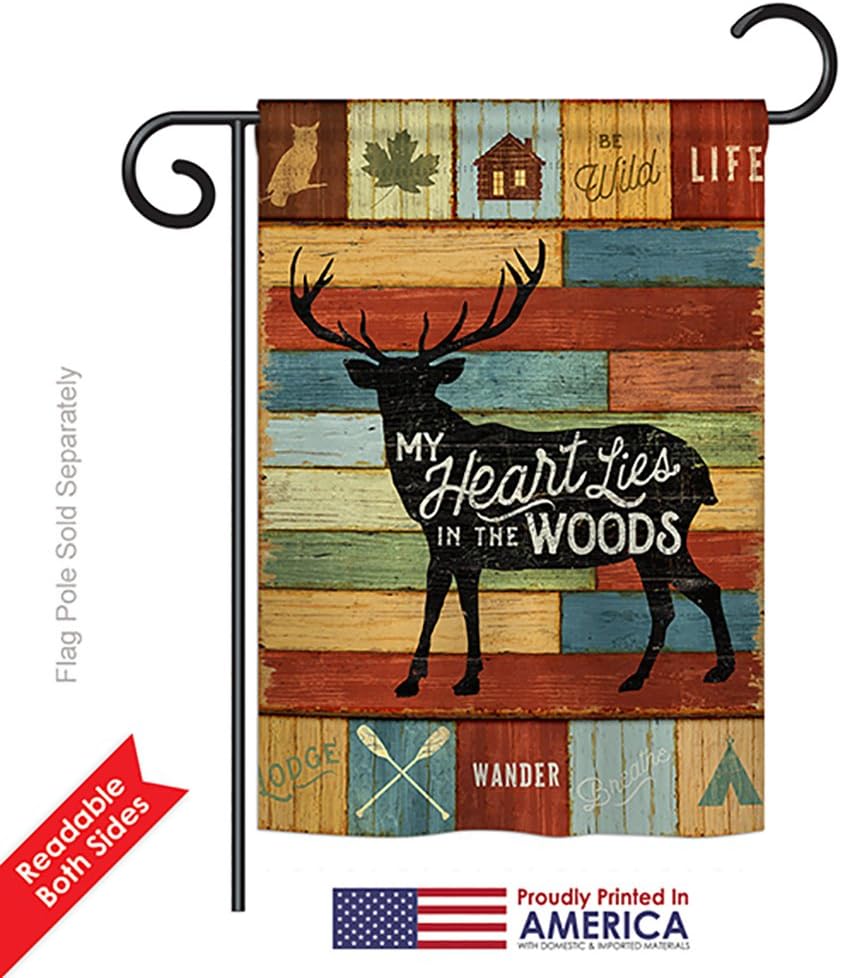 My Heart Lies In The Woods Garden House Flags Set Outdoor Lodge Rustic Lake Cabin Moose Wildlife Adventure Forest Small Decorative Gift Yard Banner Double-Sided Made USA 28 X 40