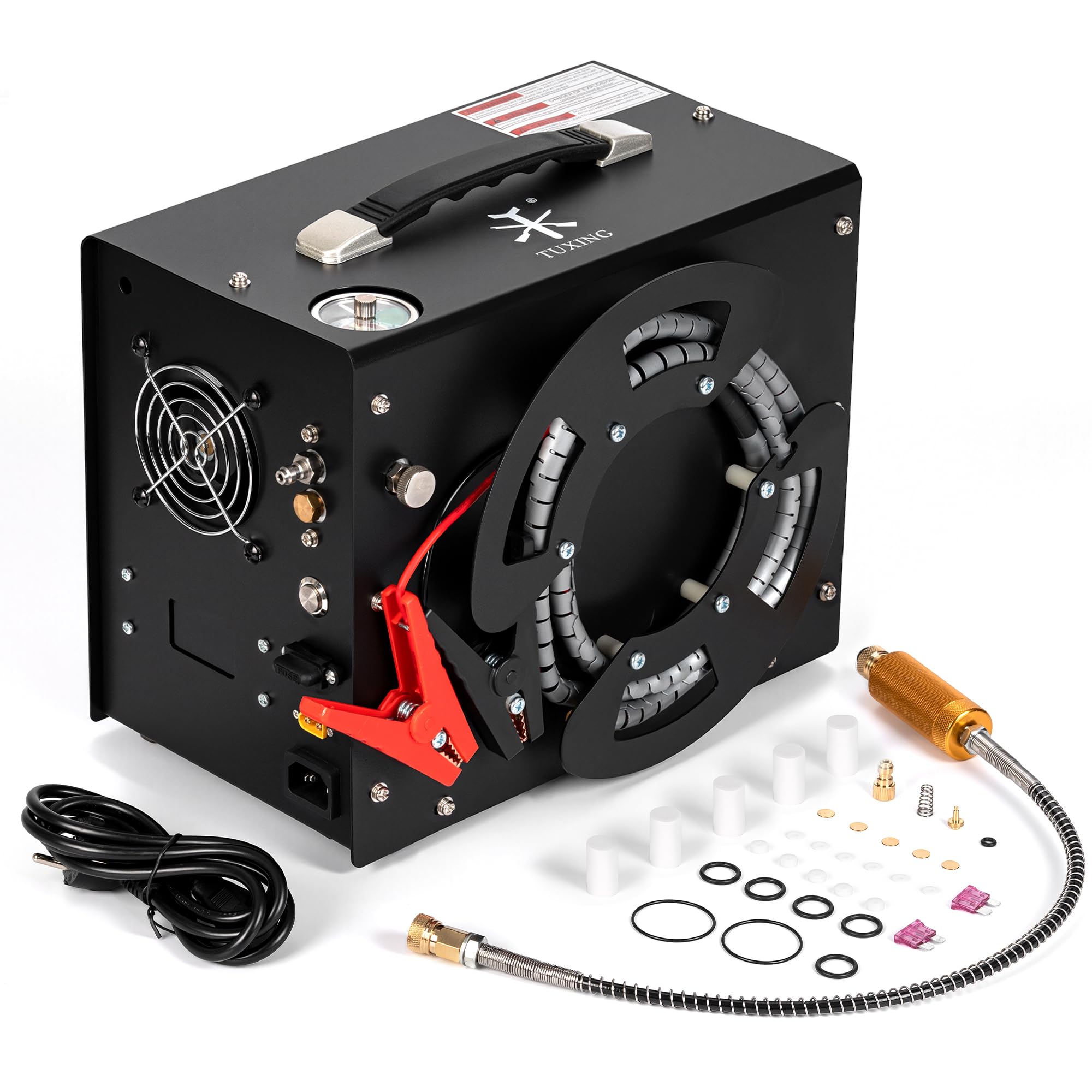 TUXING 4500Psi pcp-luchtcompressor, olie-/watervrij, ingebouwde transformator/afvoersysteem, aangedreven door auto 12VDC of thuis 220VAC met adapter (meegeleverd), voor PCP-luchtgeweren en luchtbuksen