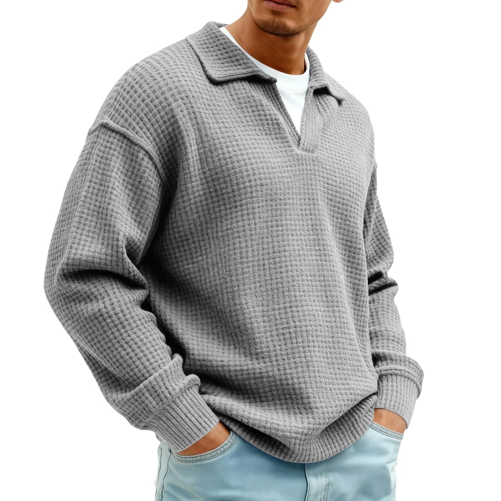 Jersey de punto gofre de gran tamaño para hombre, cuello en V, manga larga