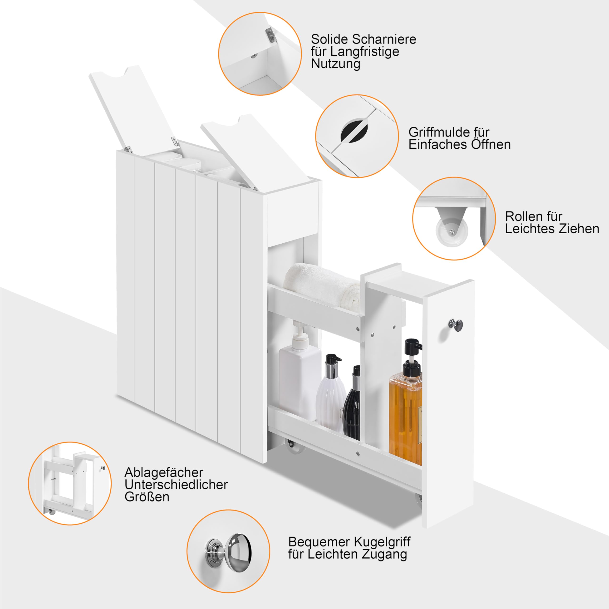 Yaheetech Nischenregal Badezimmerschrank, Schmaler Beistellschrank Badschrank mit Schubladen und Rollen, Unterschrank für Toilettenpapier, Weiß