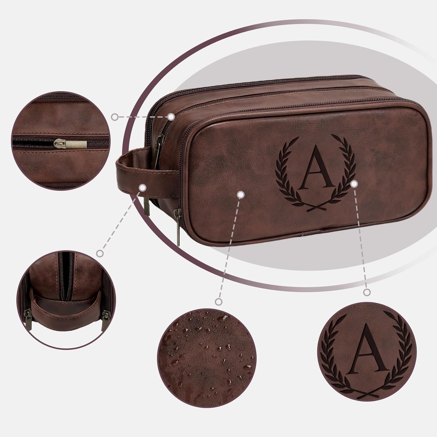 Janhavi Toiletry Bag For Men Waterproof, Groomsmen Gifts Personalized Leather Engraved Initials & Wheat, Mens Toiletry Travel Bag, Birthday Gifts For Men, Travel Tssentials (Medium, Dark Brown, A) - Image 4