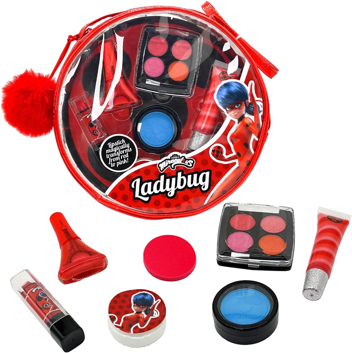 Ladybug Kids Makeup Set - 10 Piece Bag with Nail Polish, Hair Chalk, Stickers & More - Safe, Non-Toxic Pretend Play Cosmetics - Miraculous Ladybug Themed Makeup Kit for Children