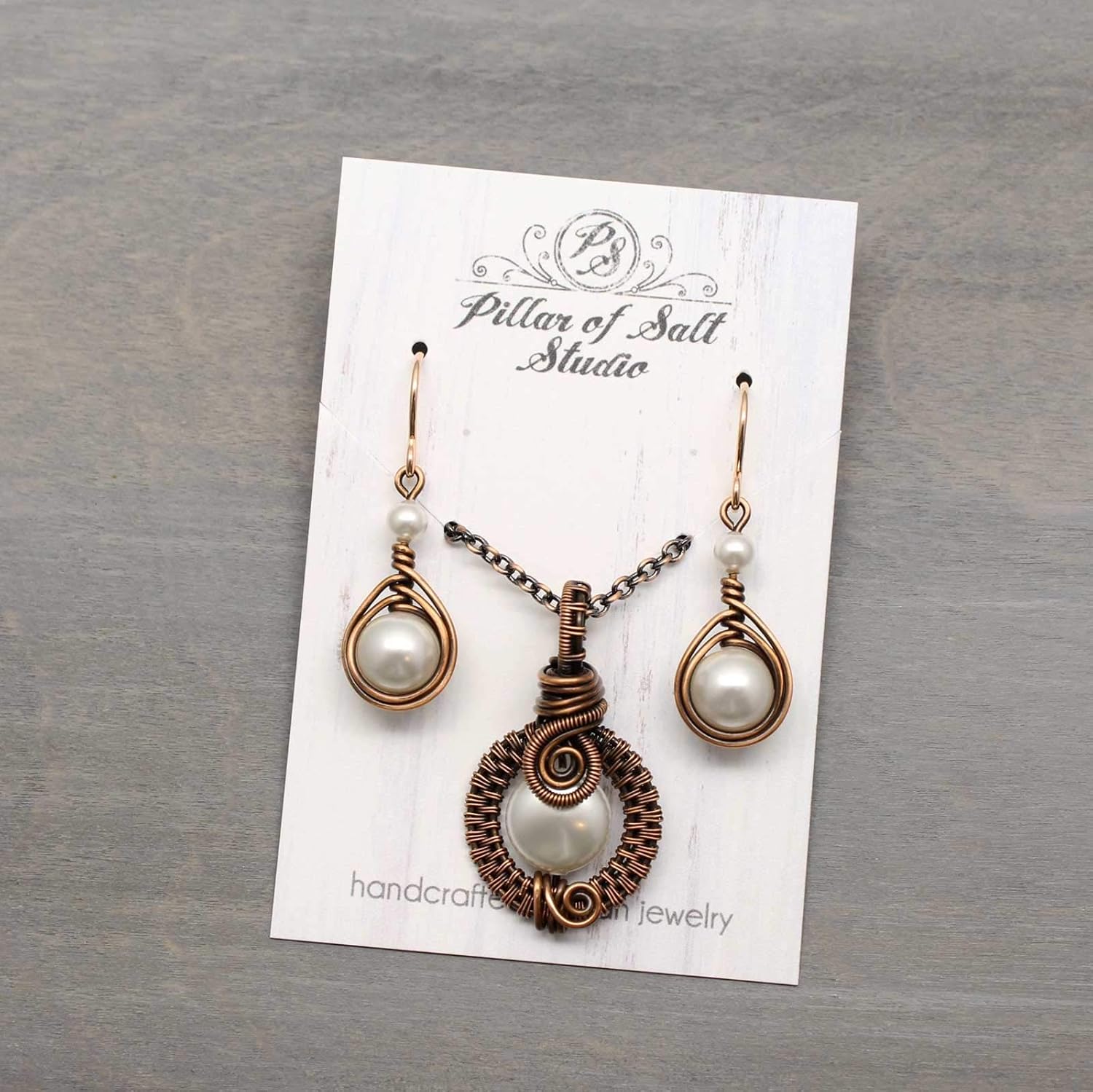 Pillar of Salt Studio Handcrafted Copper Jewelry Set Wire Wrapped Pendant Necklace and Earrings with Simulated Pearls (White)