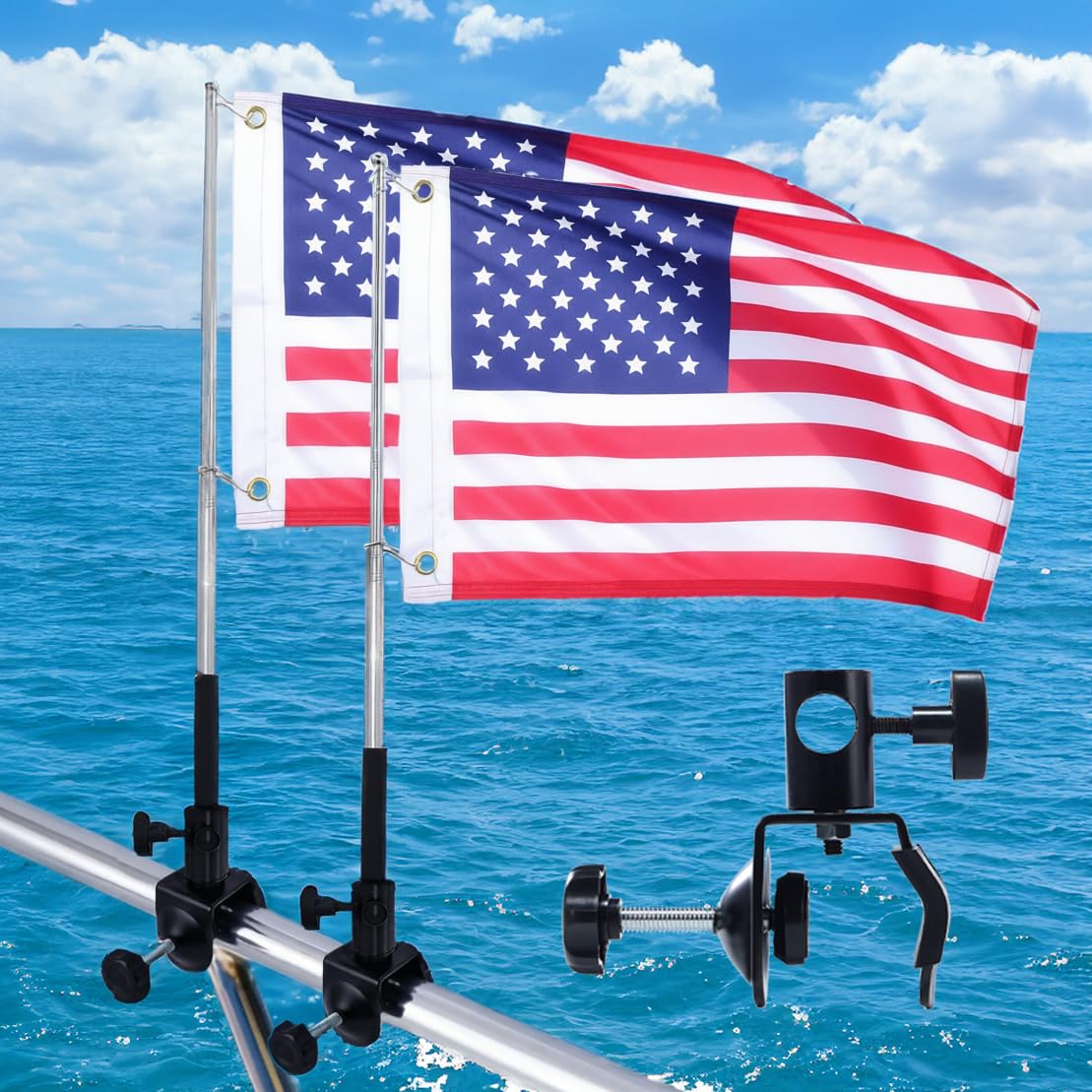 2 PCS Boat Flag Pole Kit,12''x18'' Pontoon Boat American Flags, 48inch Telescopic Pole， US Flag Holder for 0.5