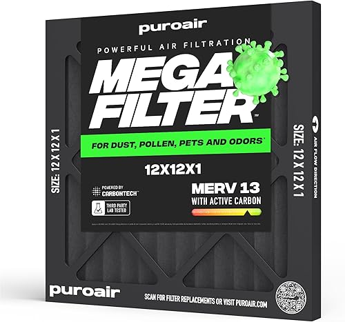 PuroAir Filtro Mega - Filtro de aire de 12x12x1 MERV 13 para el hogar con carbón activado - Filtros alérgenos, caspa de mascotas, humo, polvo -