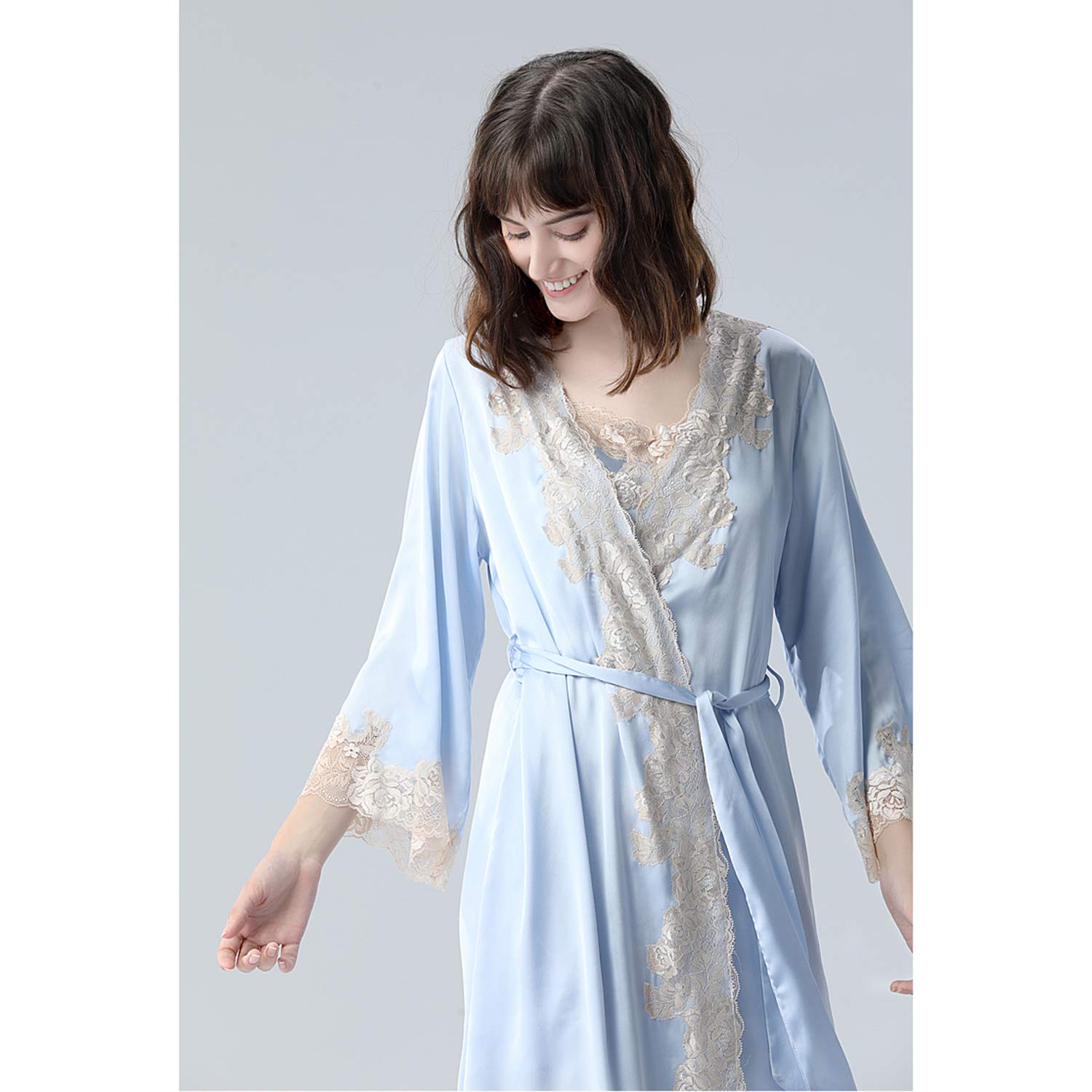 Traje De Kimono De Encaje Azul, Bata Satinada, Pijamas Sueltos con Bata De Baño Y Ropa De Dormir De Verano M